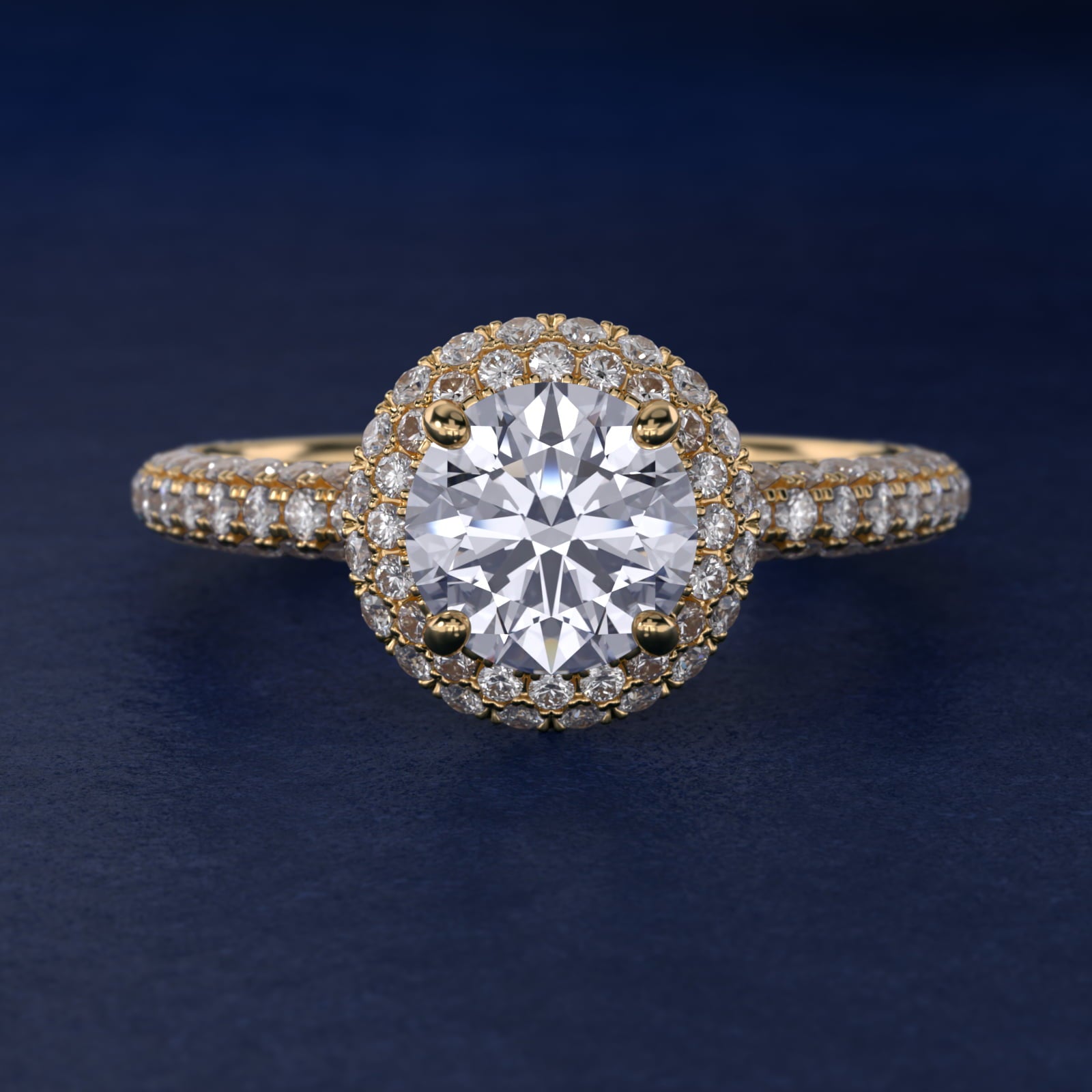 Rollover Halo Diamond Basket and PavŽ Shank Engagement Ring in 14k Yellow Gold (7/8 ct. tw.) - Round Center