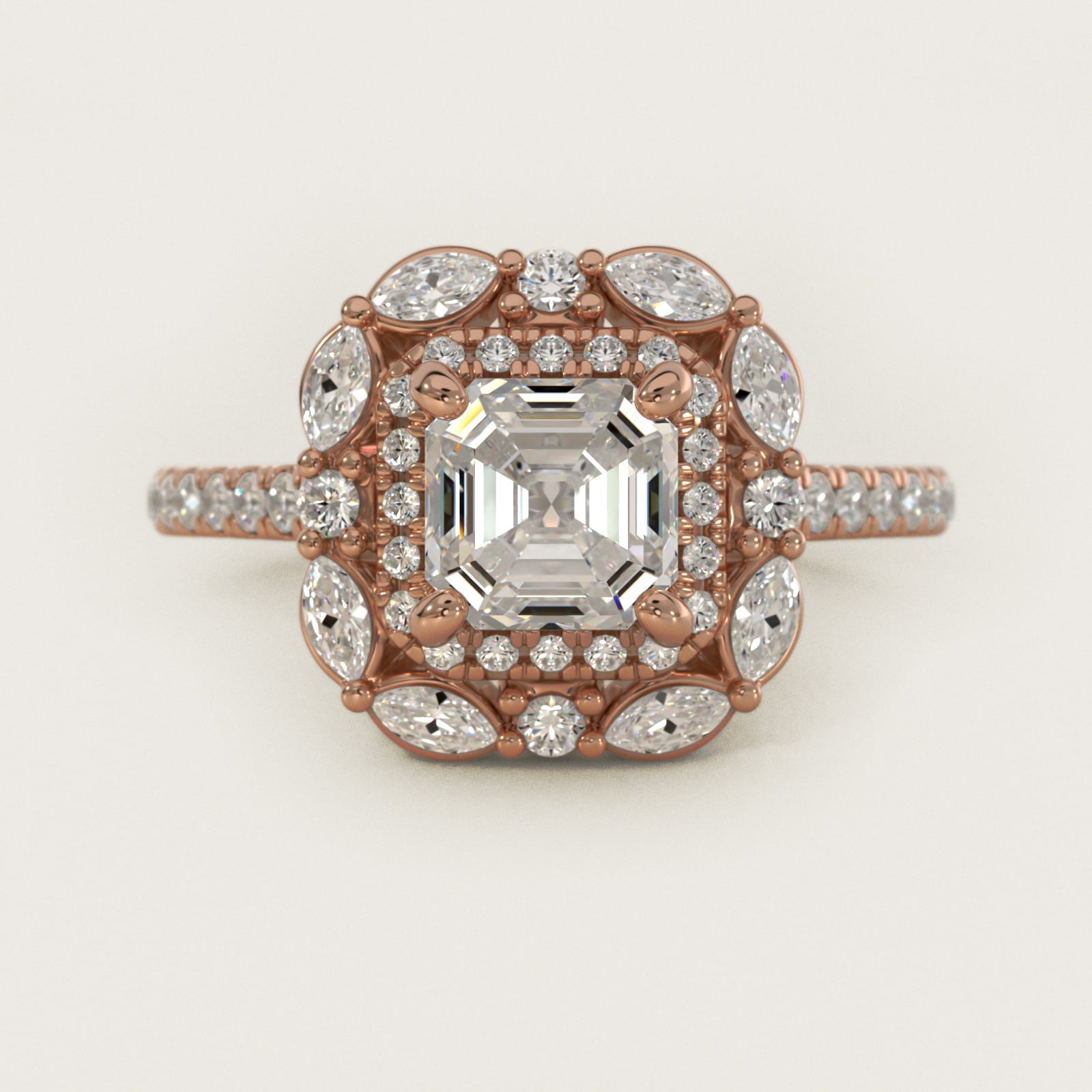 Romantic Diamond Floral Halo Engagement Ring in 18k Rose Gold (1/2 ct. tw.) - Asscher Center