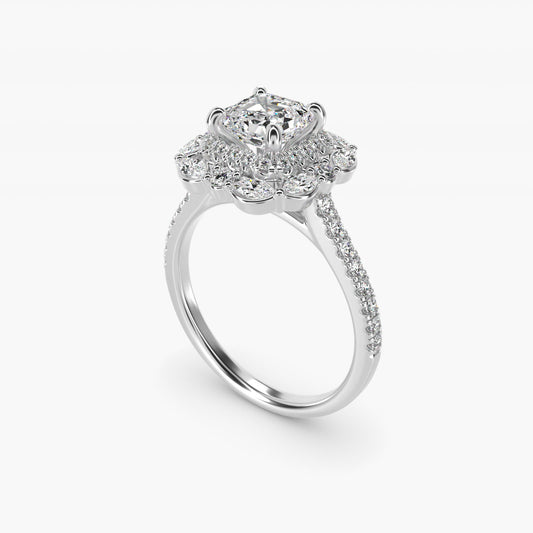 Romantic Diamond Floral Halo Engagement Ring in 18k White Gold (1/2 ct. tw.) - Asscher Center