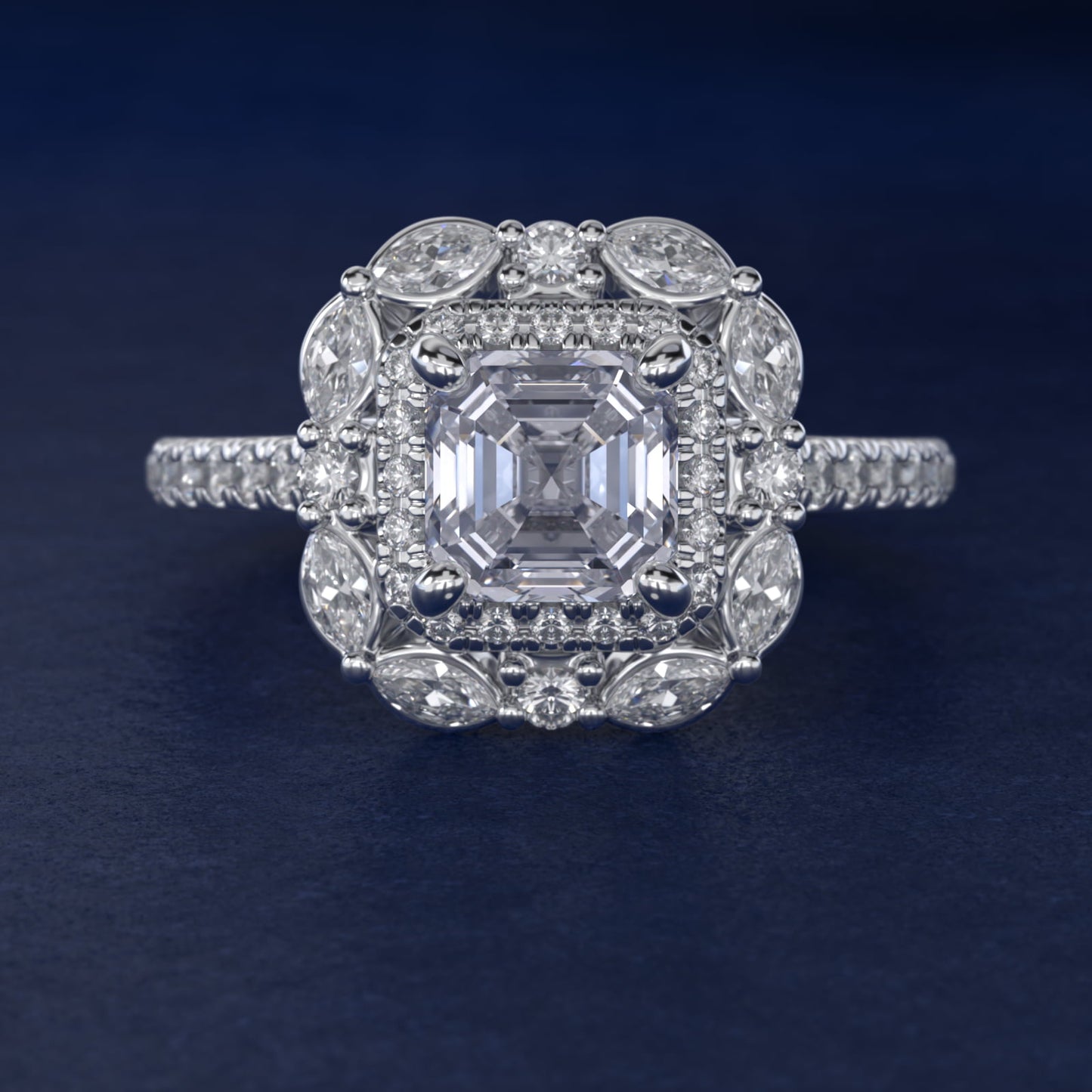 Romantic Diamond Floral Halo Engagement Ring in 18k White Gold (1/2 ct. tw.) - Asscher Center