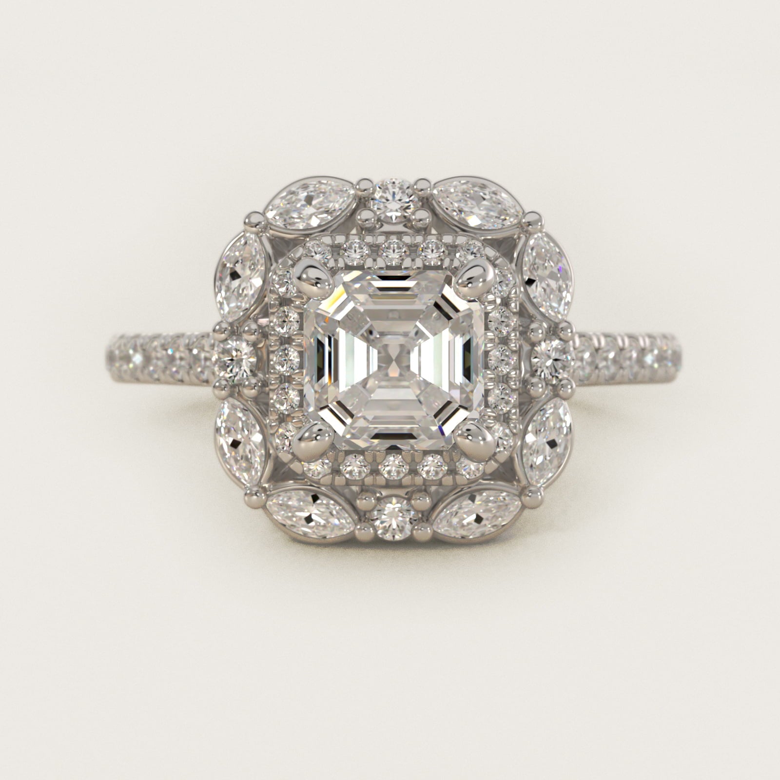 Romantic Diamond Floral Halo Engagement Ring in 18k White Gold (1/2 ct. tw.) - Asscher Center