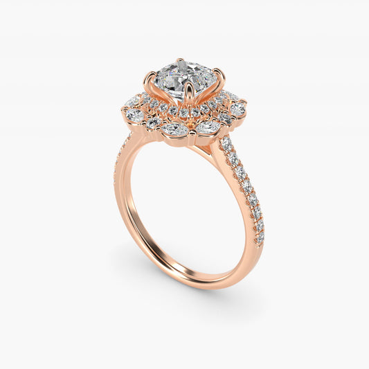 Romantic Diamond Floral Halo Engagement Ring in 14k Rose Gold (1/2 ct. tw.) - Cushion Center