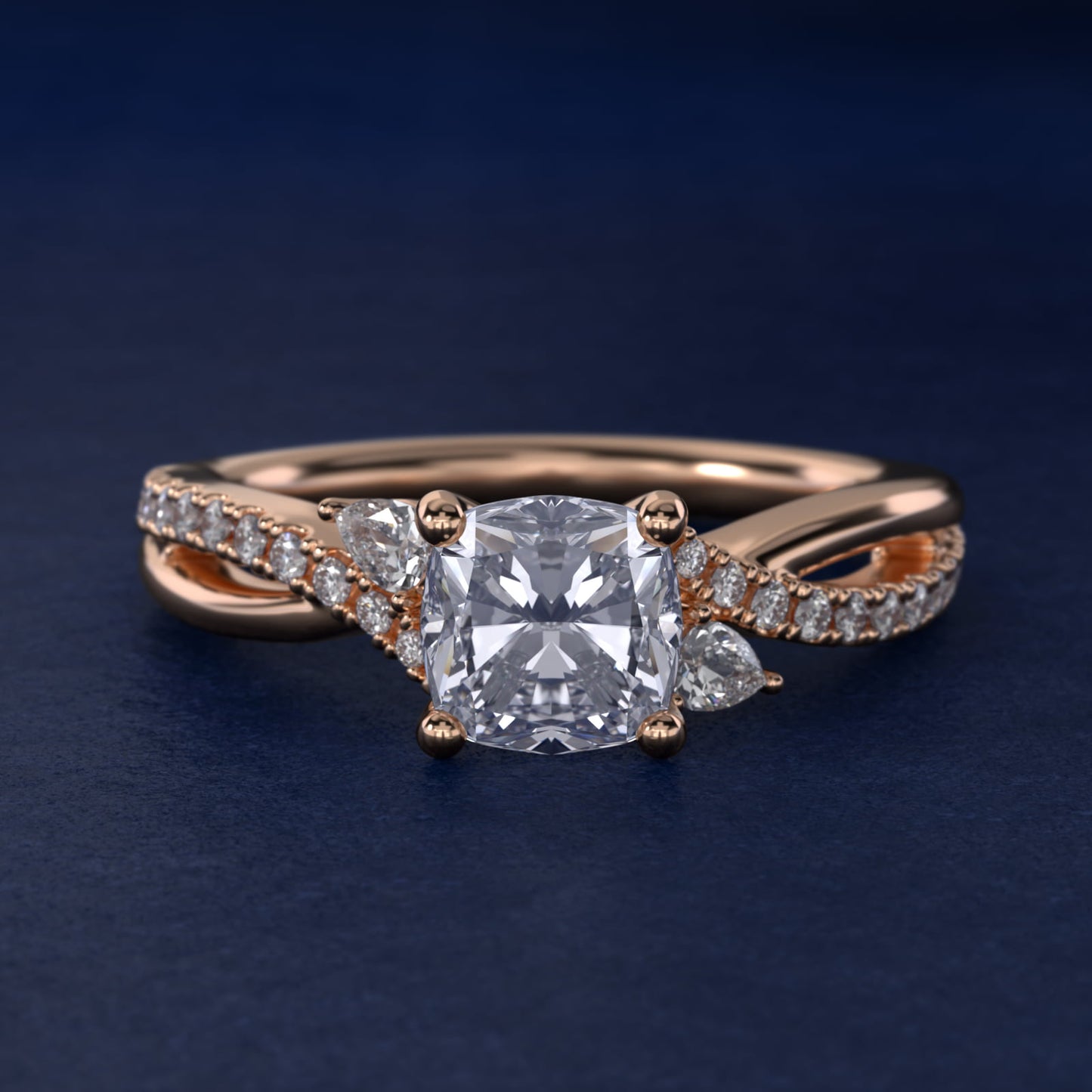 Romantic Diamond Floral Asymmetrical Twist Engagement Ring in 14k Rose Gold (1/4 ct. tw.) - Cushion Center