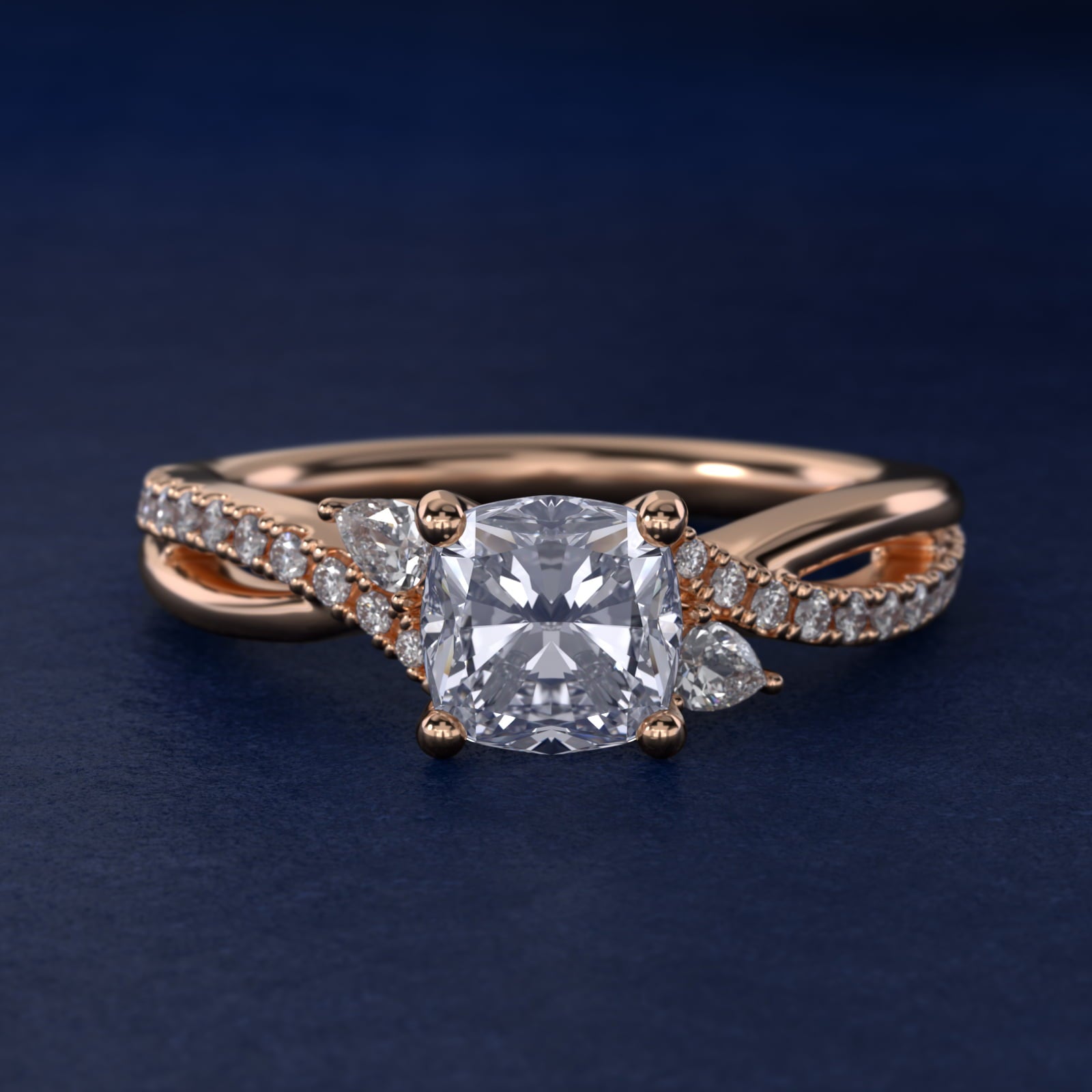 Romantic Diamond Floral Asymmetrical Twist Engagement Ring in 18k Rose Gold (1/4 ct. tw.) - Cushion Center