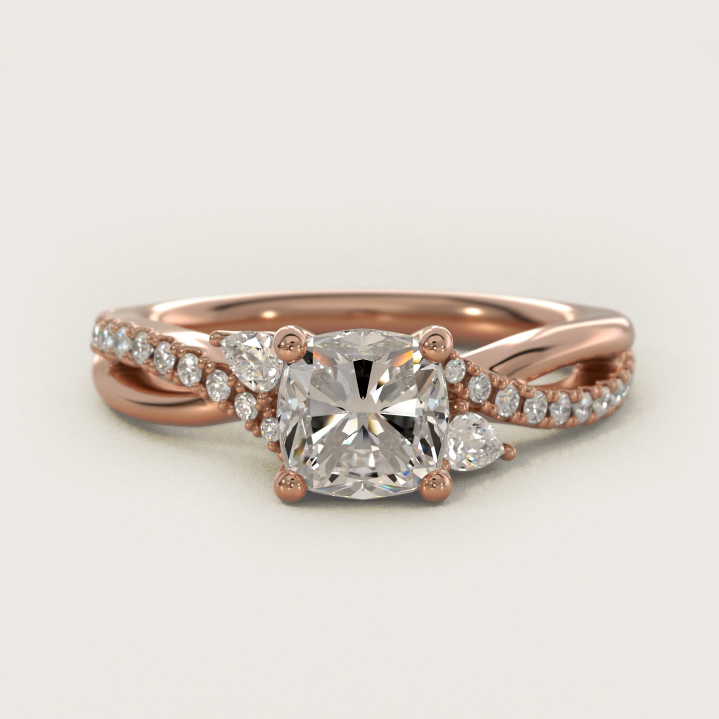 Romantic Diamond Floral Asymmetrical Twist Engagement Ring in 14k Rose Gold (1/4 ct. tw.) - Cushion Center