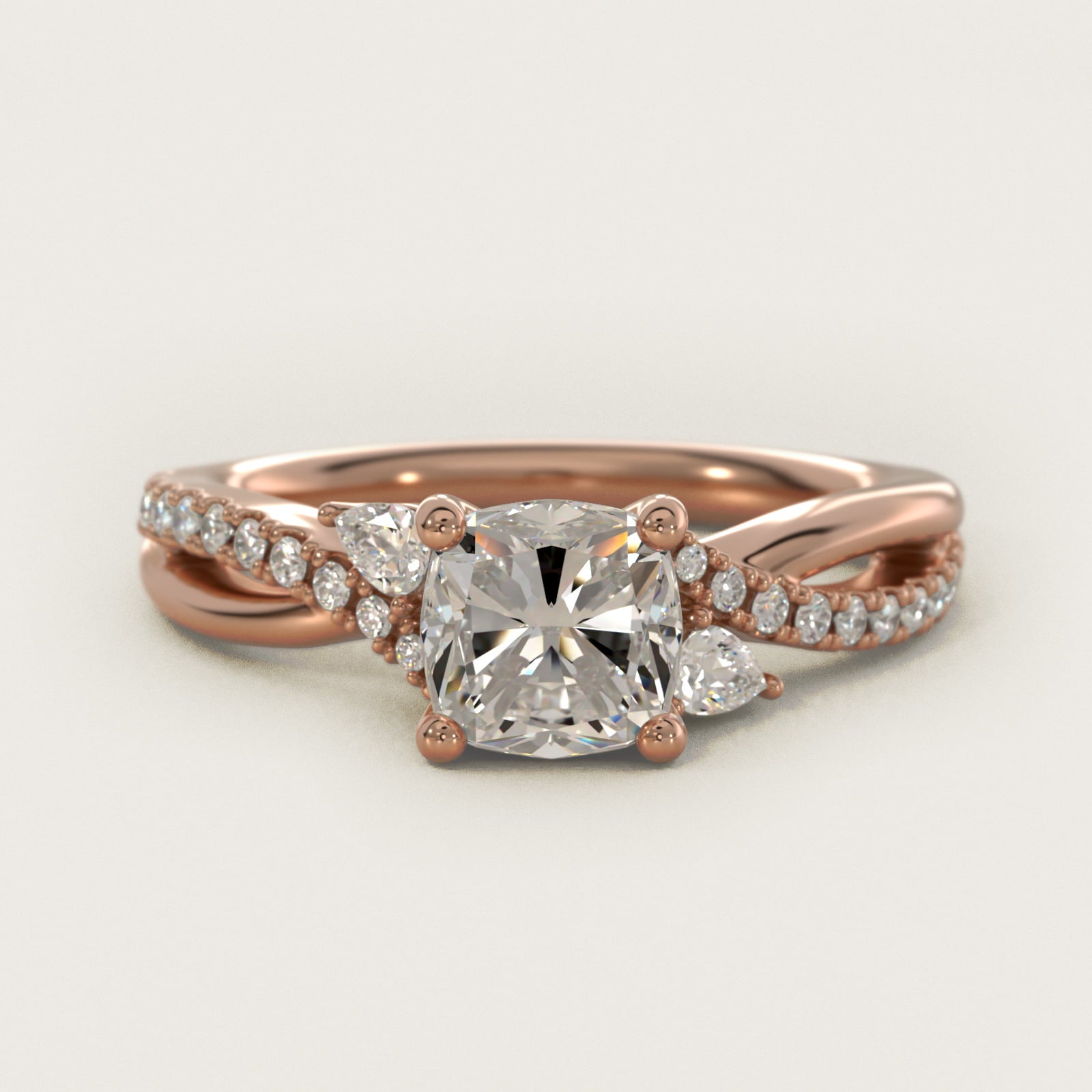 Romantic Diamond Floral Asymmetrical Twist Engagement Ring in 14k Rose Gold (1/4 ct. tw.) - Cushion Center