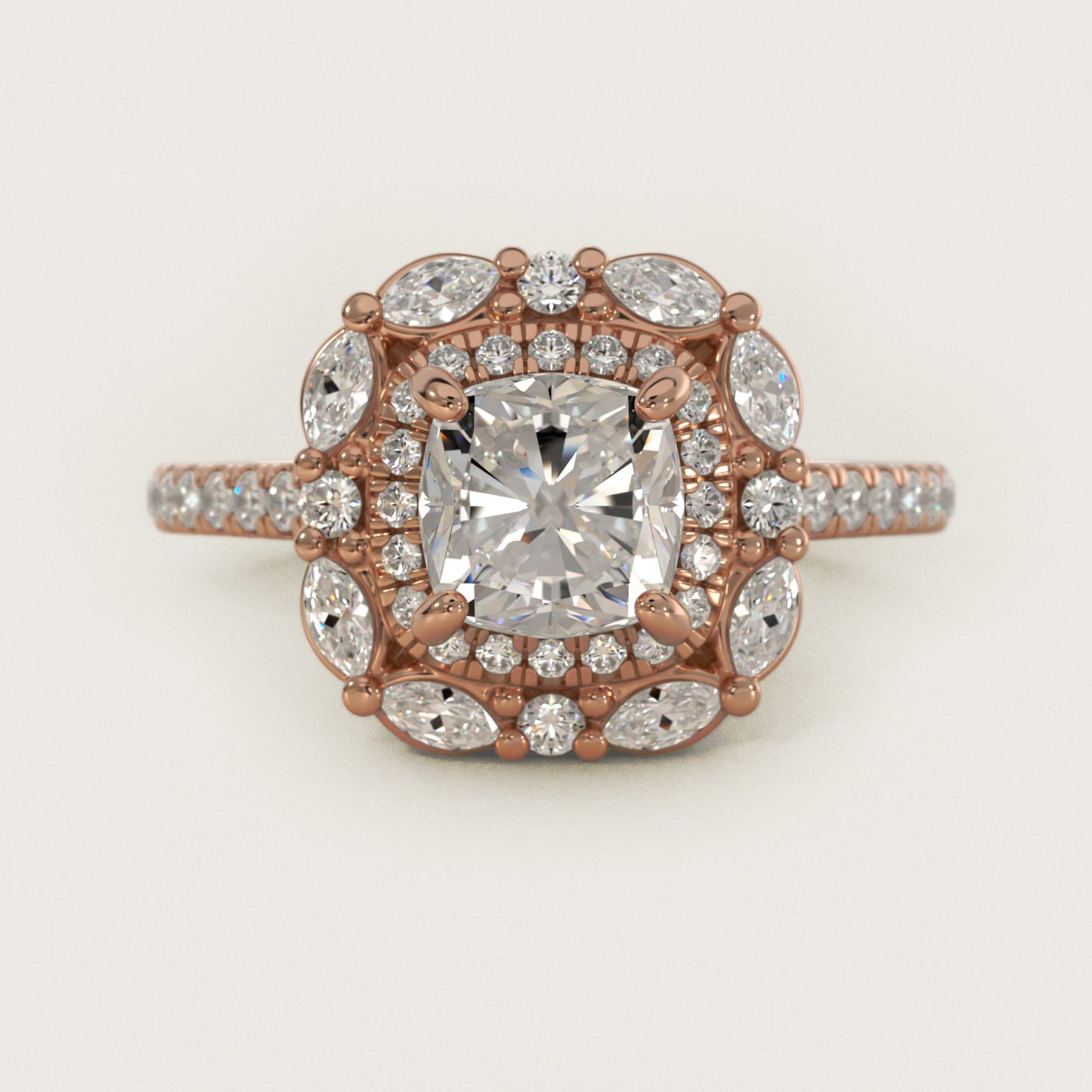 Romantic Diamond Floral Halo Engagement Ring in 18k Rose Gold (1/2 ct. tw.) - Cushion Center