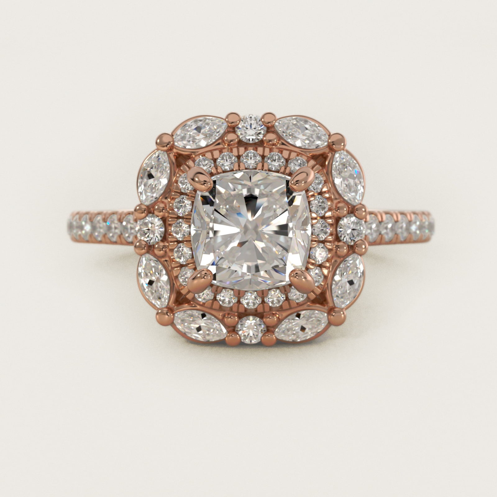 Romantic Diamond Floral Halo Engagement Ring in 18k Rose Gold (1/2 ct. tw.) - Cushion Center