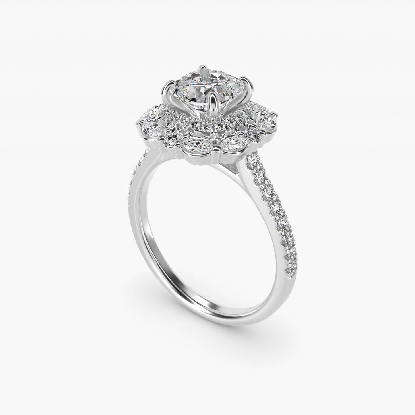Romantic Diamond Floral Halo Engagement Ring in 18k White Gold (1/2 ct. tw.) - Cushion Center