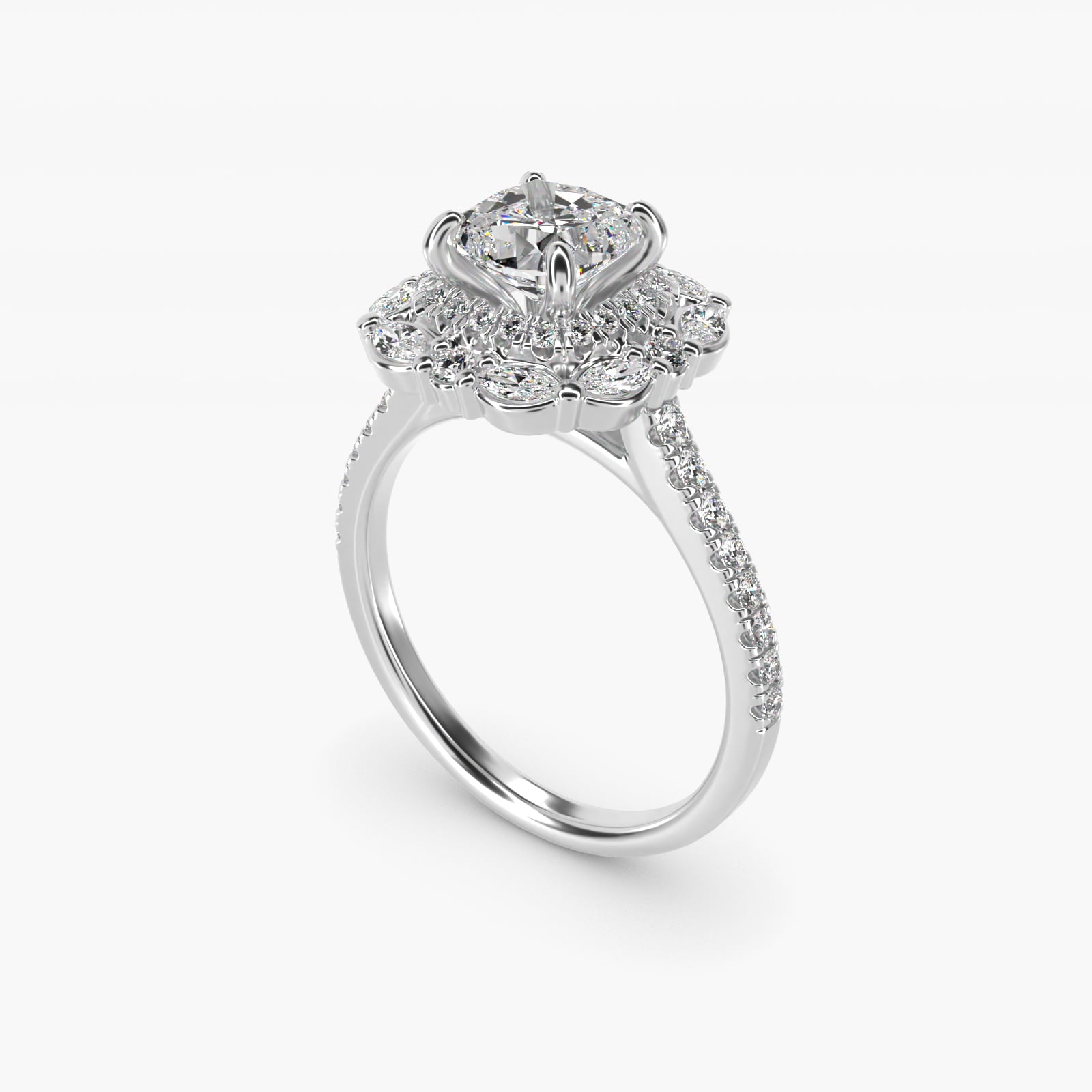 Romantic Diamond Floral Halo Engagement Ring in 18k White Gold (1/2 ct. tw.) - Cushion Center
