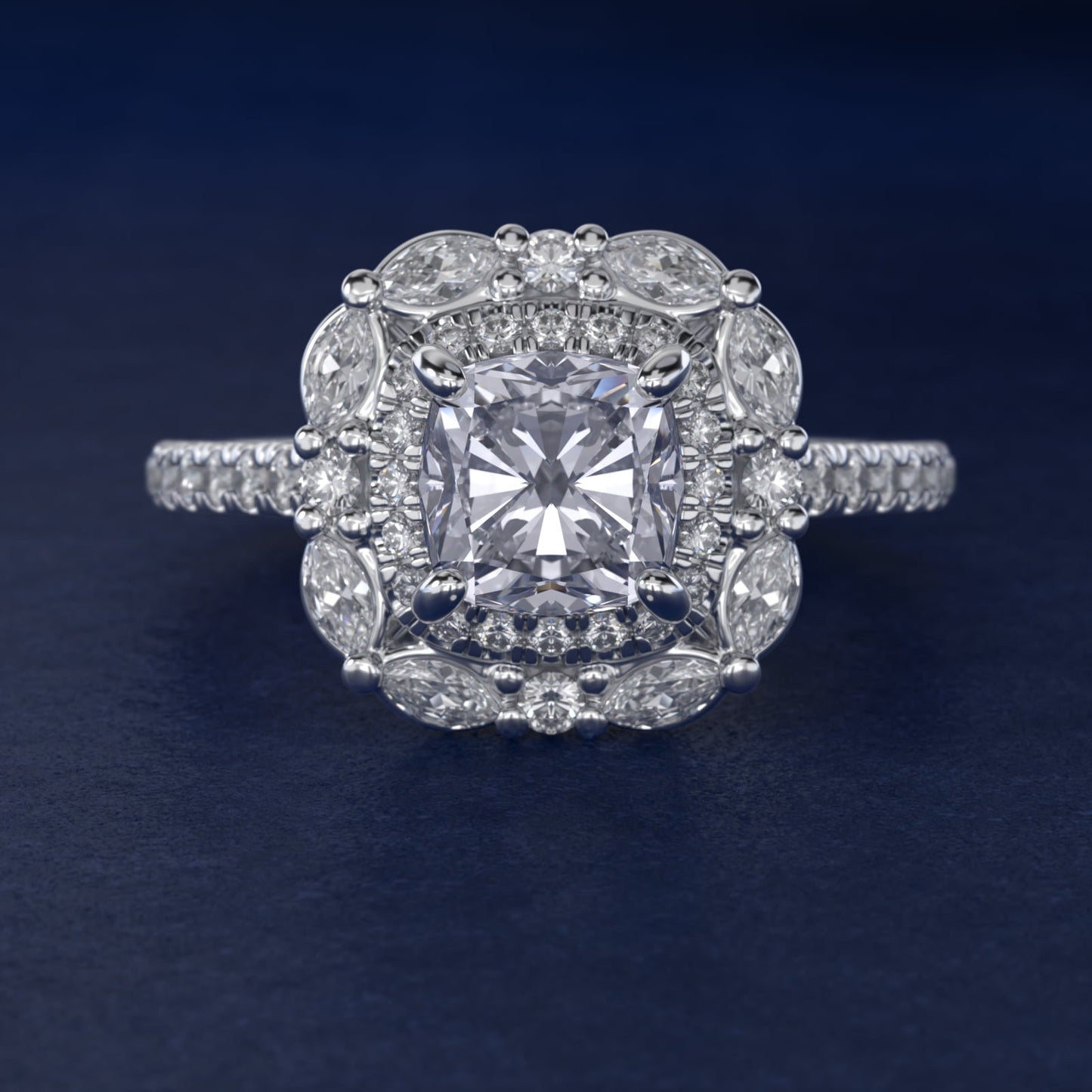 Romantic Diamond Floral Halo Engagement Ring in 18k White Gold (1/2 ct. tw.) - Cushion Center