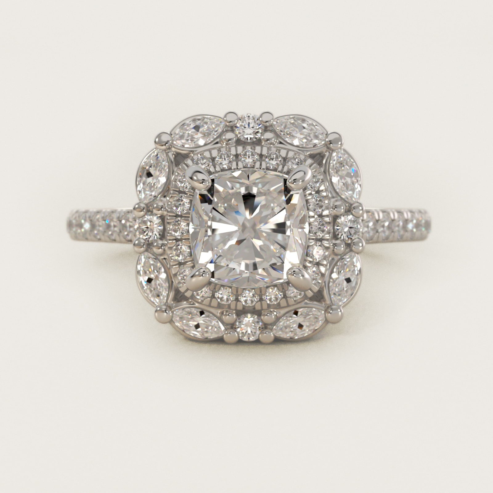 Romantic Diamond Floral Halo Engagement Ring in 14k White Gold (1/2 ct. tw.) - Cushion Center