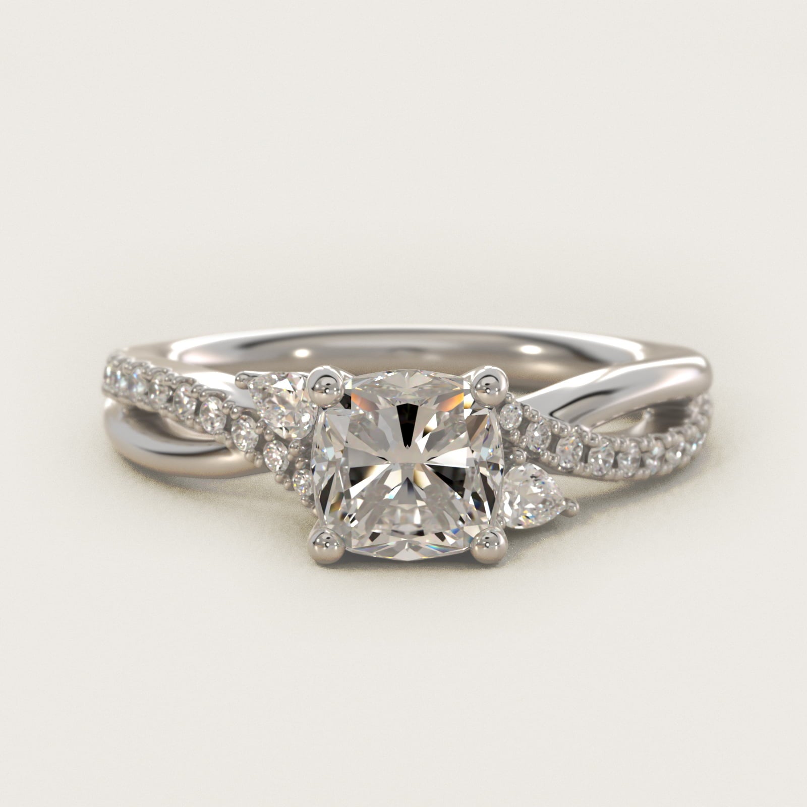 Romantic Diamond Floral Asymmetrical Twist Engagement Ring in 18k White Gold (1/4 ct. tw.) - Cushion Center