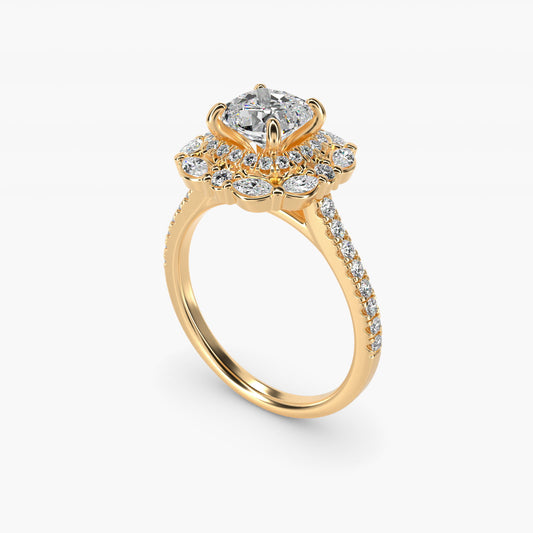 Romantic Diamond Floral Halo Engagement Ring in 18k Yellow Gold (1/2 ct. tw.) - Cushion Center