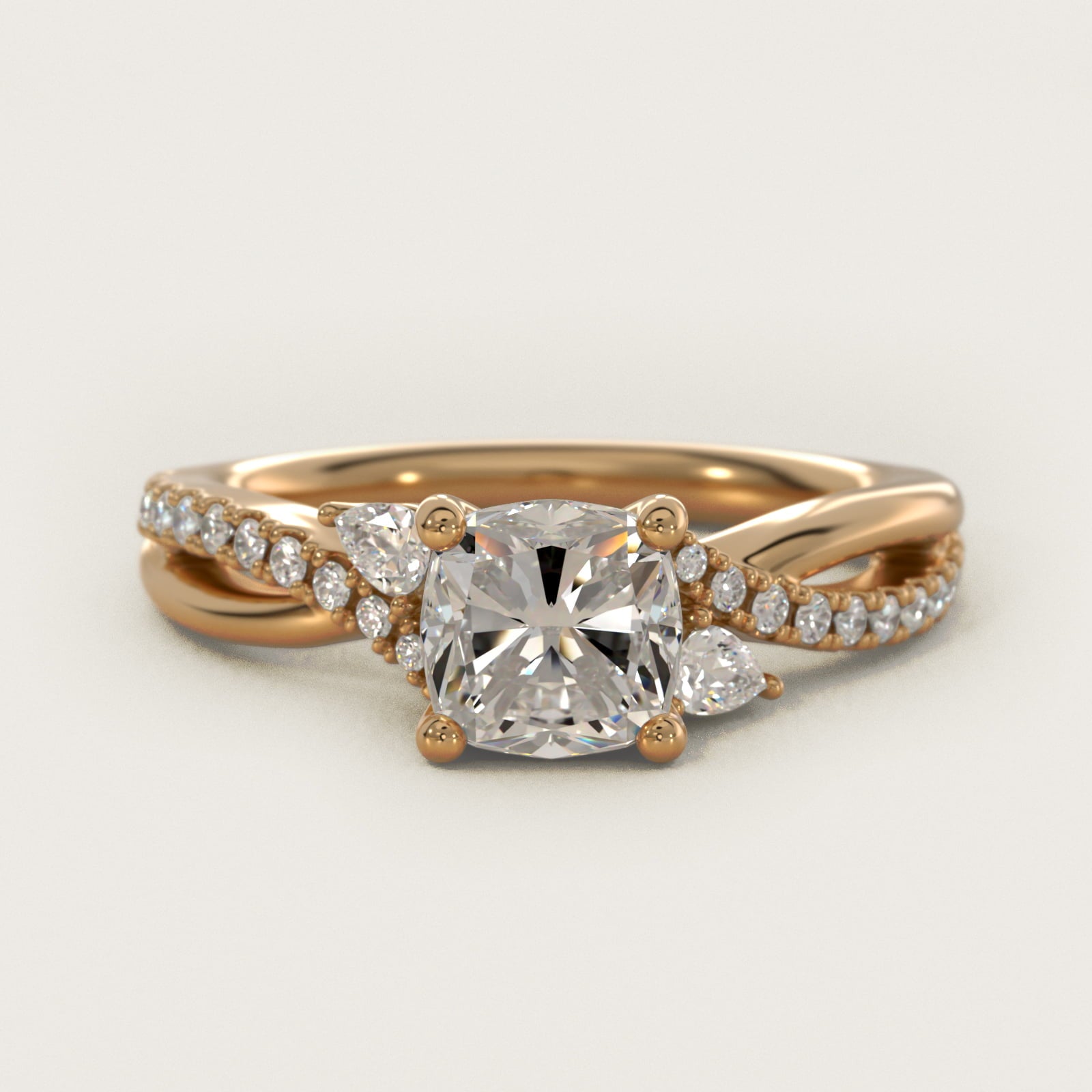 Romantic Diamond Floral Asymmetrical Twist Engagement Ring in 14k Yellow Gold (1/4 ct. tw.) - Cushion Center
