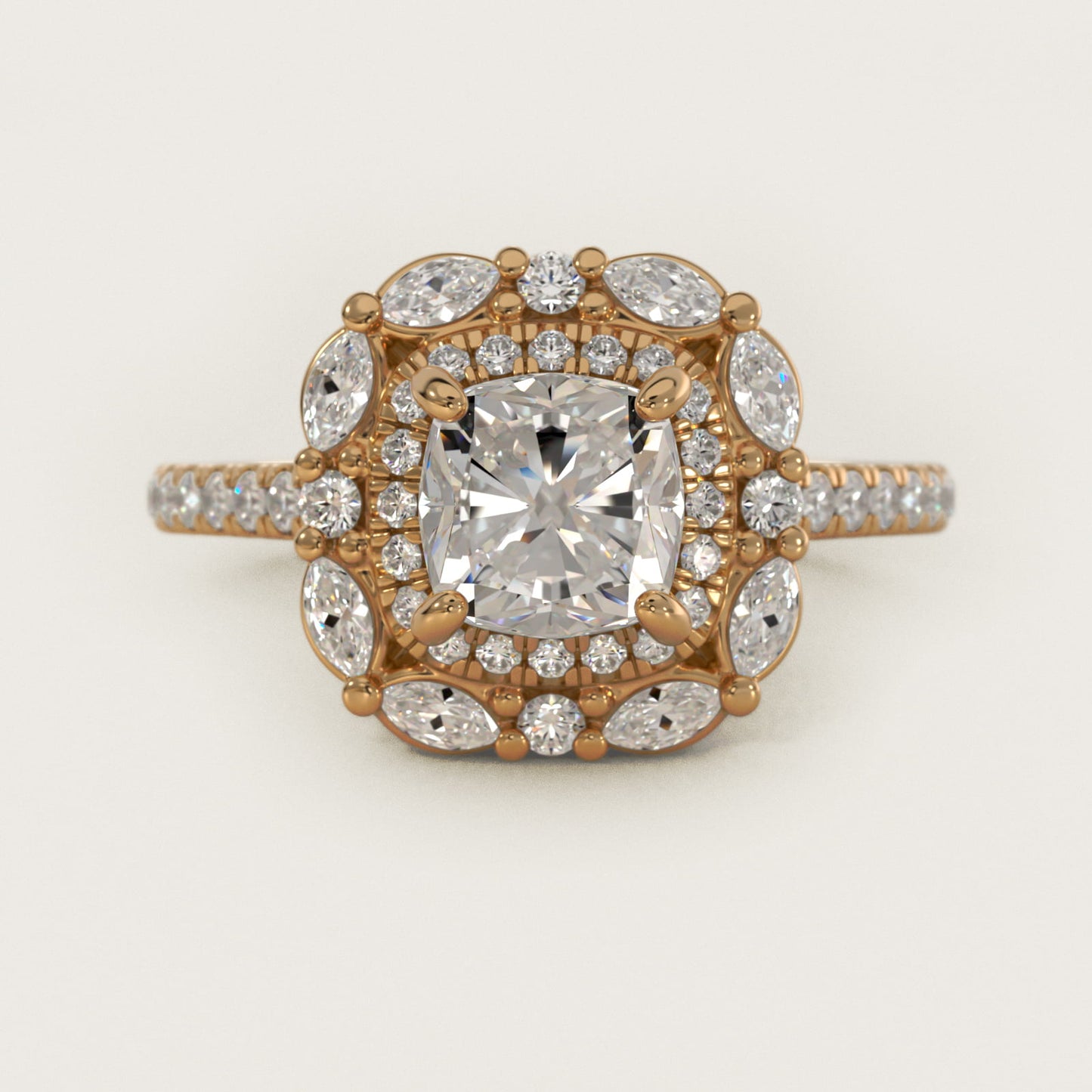 Romantic Diamond Floral Halo Engagement Ring in 18k Yellow Gold (1/2 ct. tw.) - Cushion Center