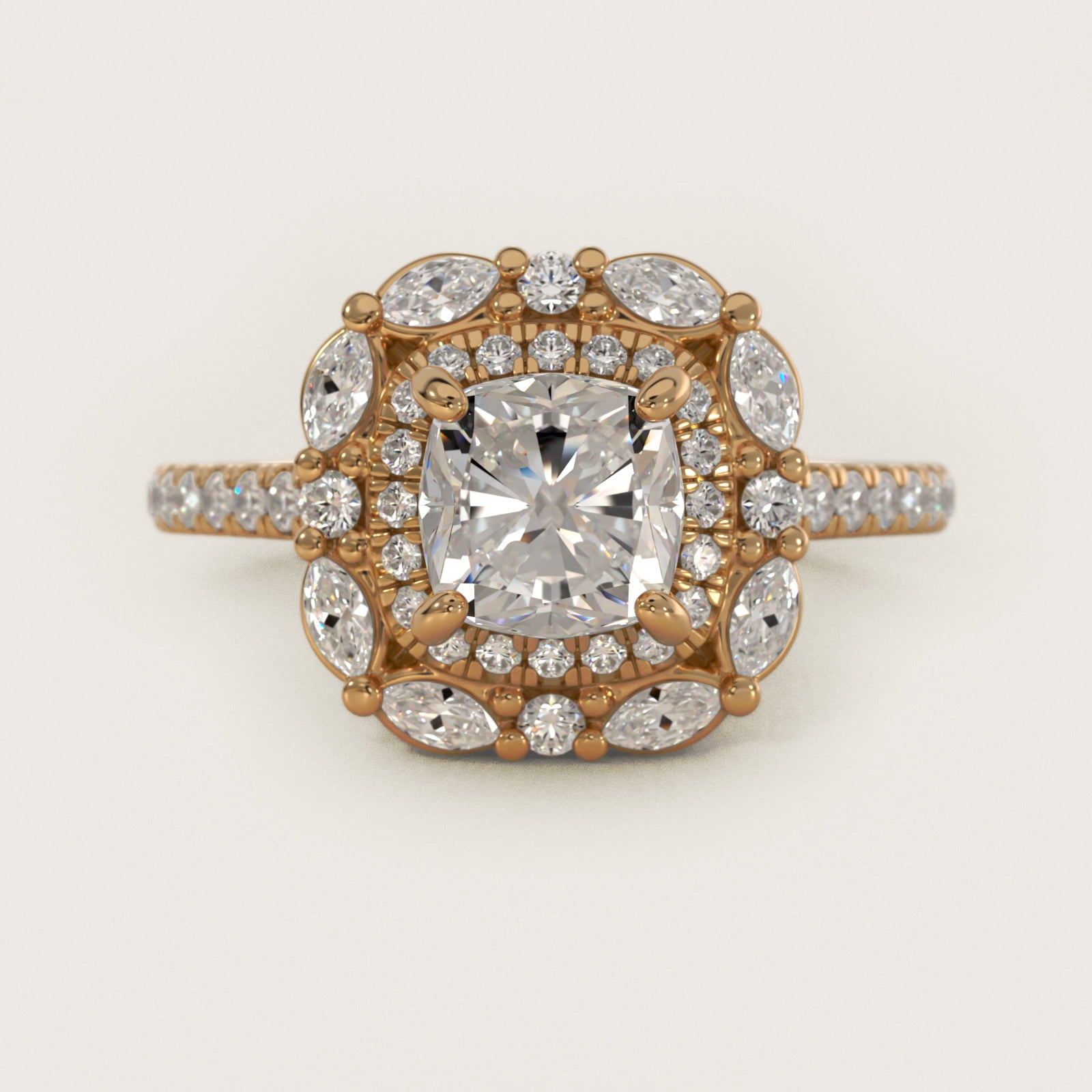 Romantic Diamond Floral Halo Engagement Ring in 14k Yellow Gold (1/2 ct. tw.) - Cushion Center