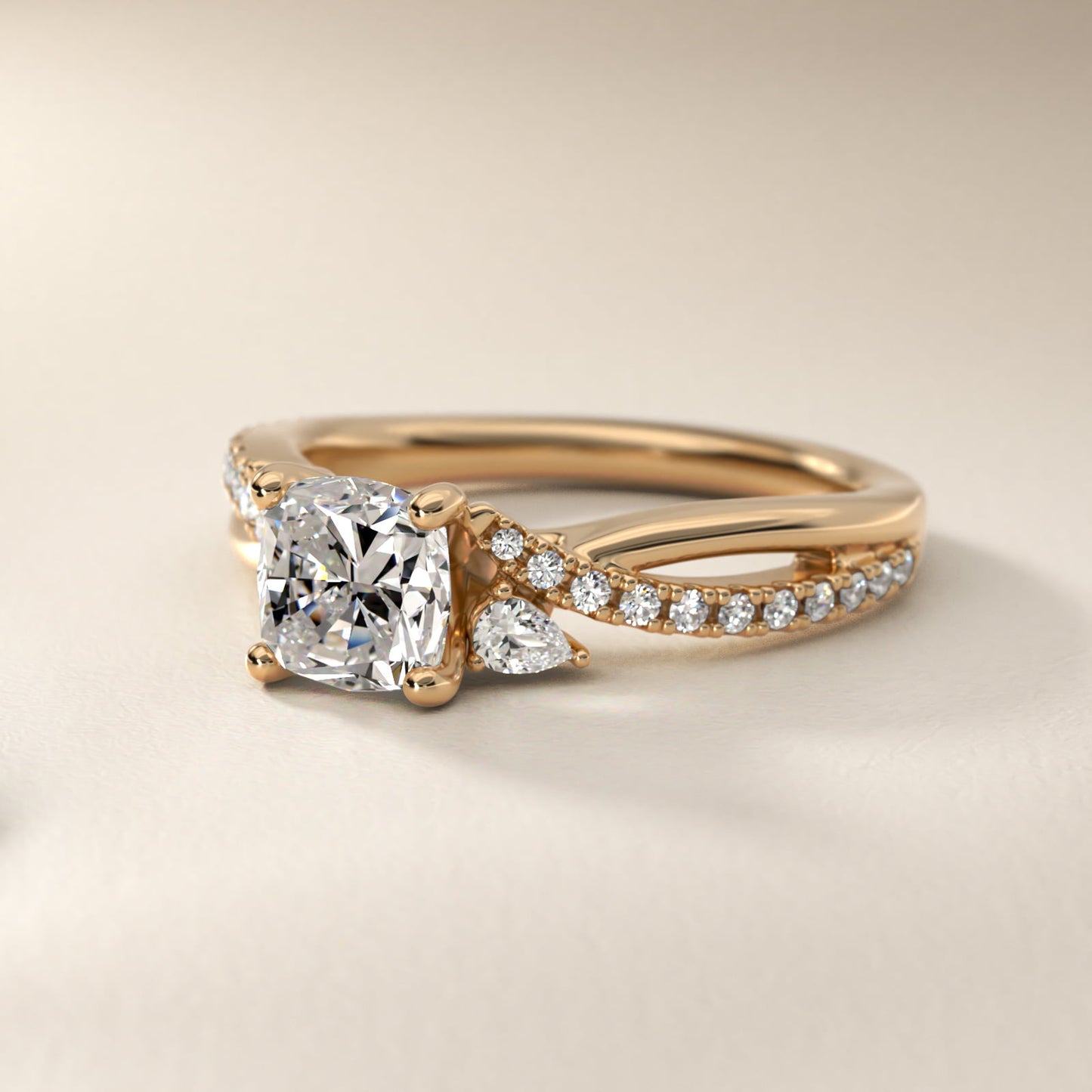 Romantic Diamond Floral Asymmetrical Twist Engagement Ring in 18k Yellow Gold (1/4 ct. tw.) - Cushion Center