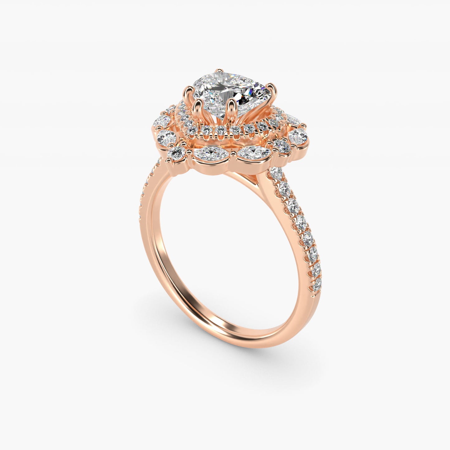 Romantic Diamond Floral Halo Engagement Ring in 18k Rose Gold (1/2 ct. tw.) - Heart Center
