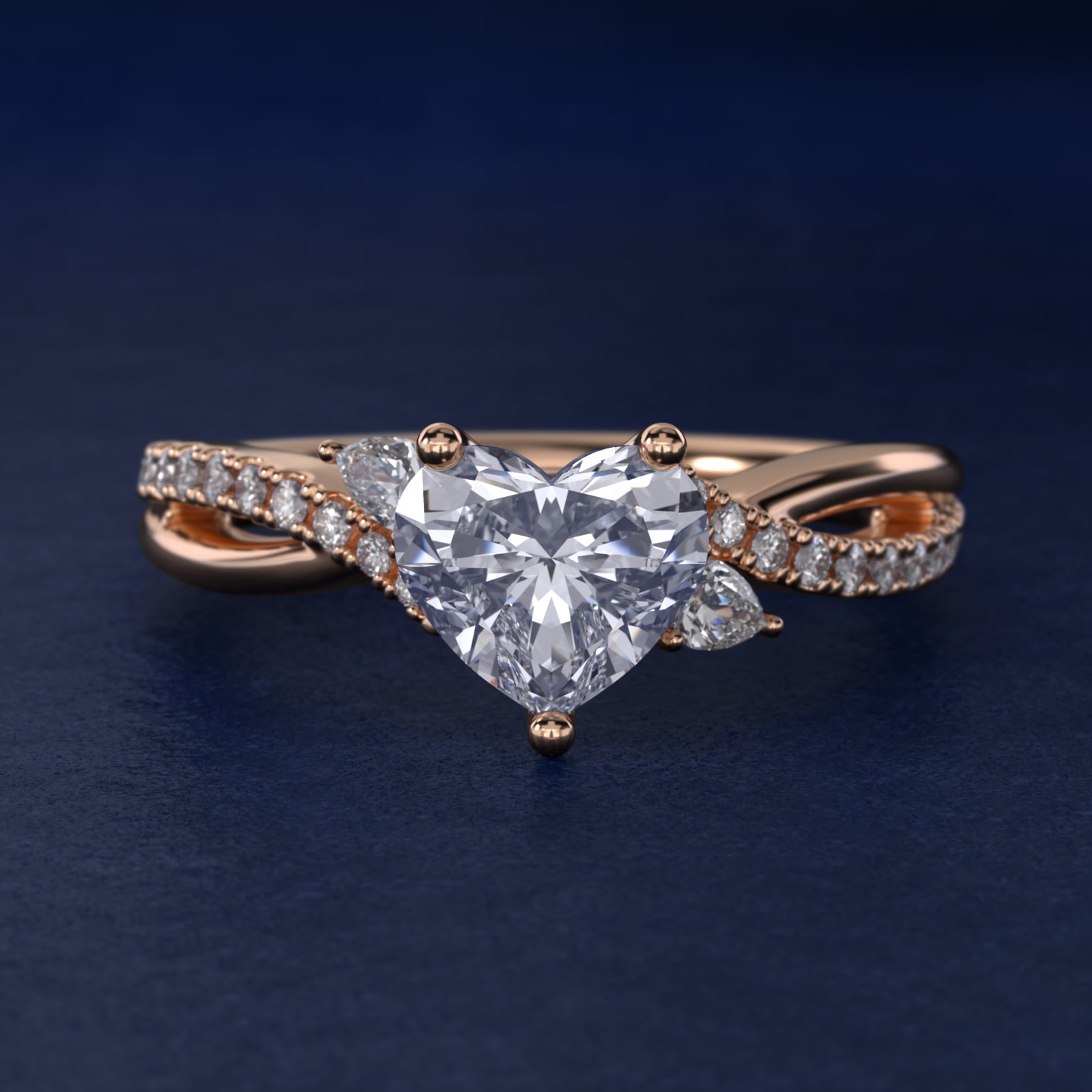 Romantic Diamond Floral Asymmetrical Twist Engagement Ring in 14k Rose Gold (1/4 ct. tw.) - Heart Center