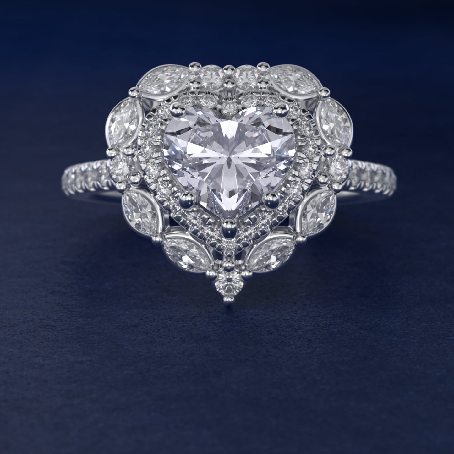 Romantic Diamond Floral Halo Engagement Ring in 14k White Gold (1/2 ct. tw.) - Heart Center