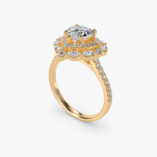 Romantic Diamond Floral Halo Engagement Ring in 14k Yellow Gold (1/2 ct. tw.) - Heart Center