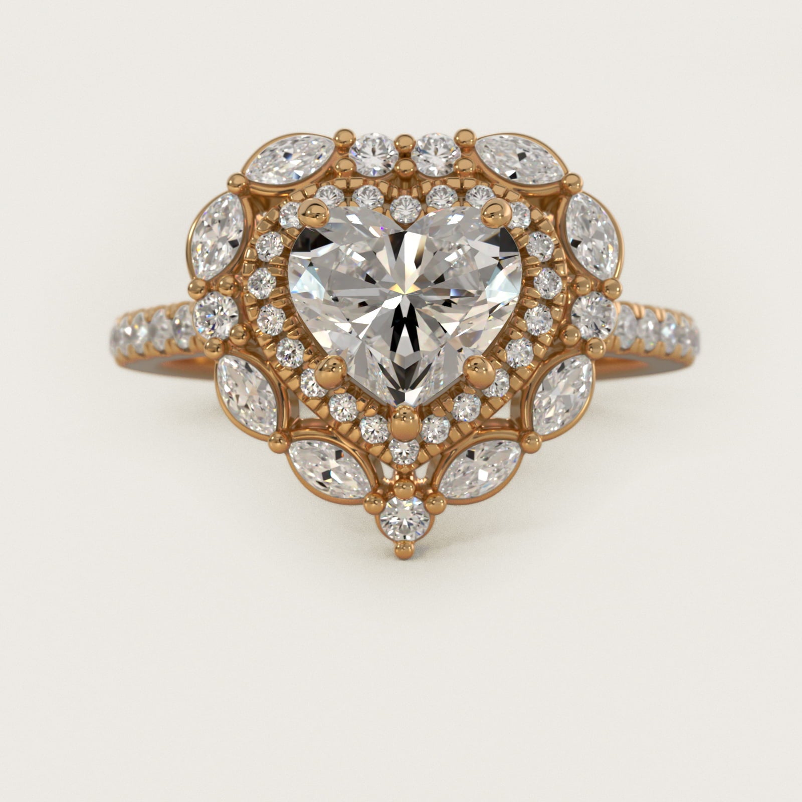Romantic Diamond Floral Halo Engagement Ring in 14k Yellow Gold (1/2 ct. tw.) - Heart Center