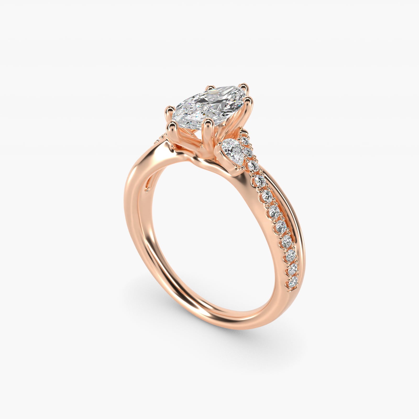 Romantic Diamond Floral Asymmetrical Twist Engagement Ring in 18k Rose Gold (1/4 ct. tw.) - Marquise Center