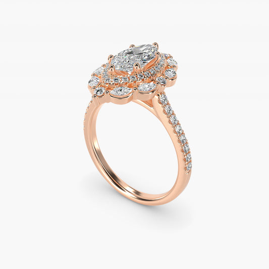 Romantic Diamond Floral Halo Engagement Ring in 14k Rose Gold (1/2 ct. tw.) - Marquise Center