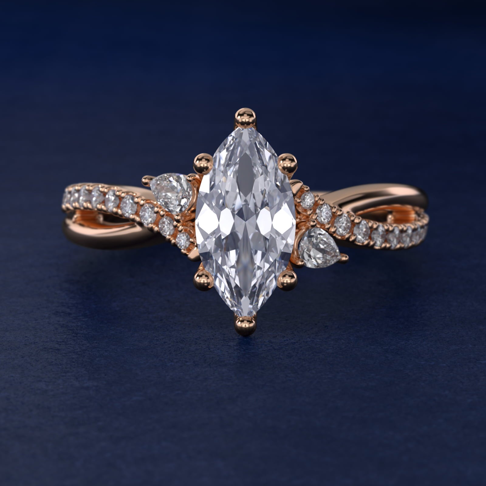 Romantic Diamond Floral Asymmetrical Twist Engagement Ring in 14k Rose Gold (1/4 ct. tw.) - Marquise Center