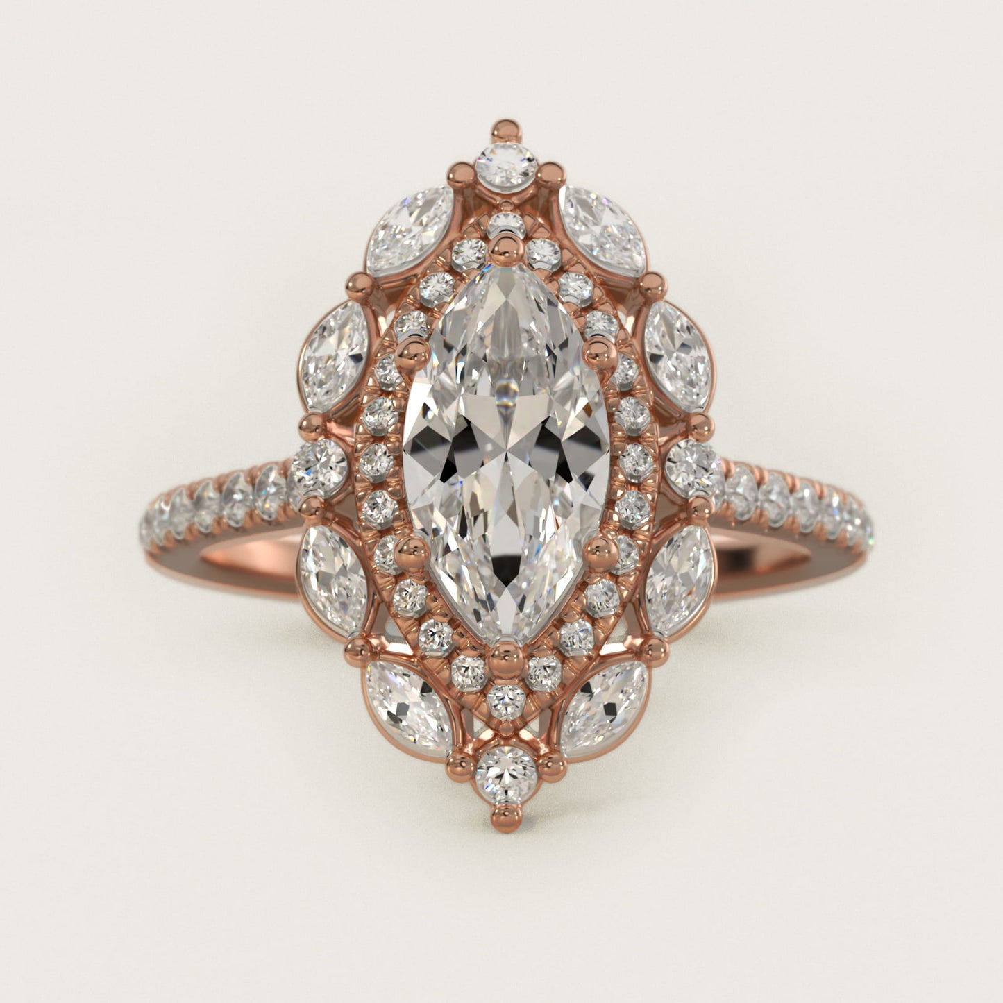 Romantic Diamond Floral Halo Engagement Ring in 18k Rose Gold (1/2 ct. tw.) - Marquise Center