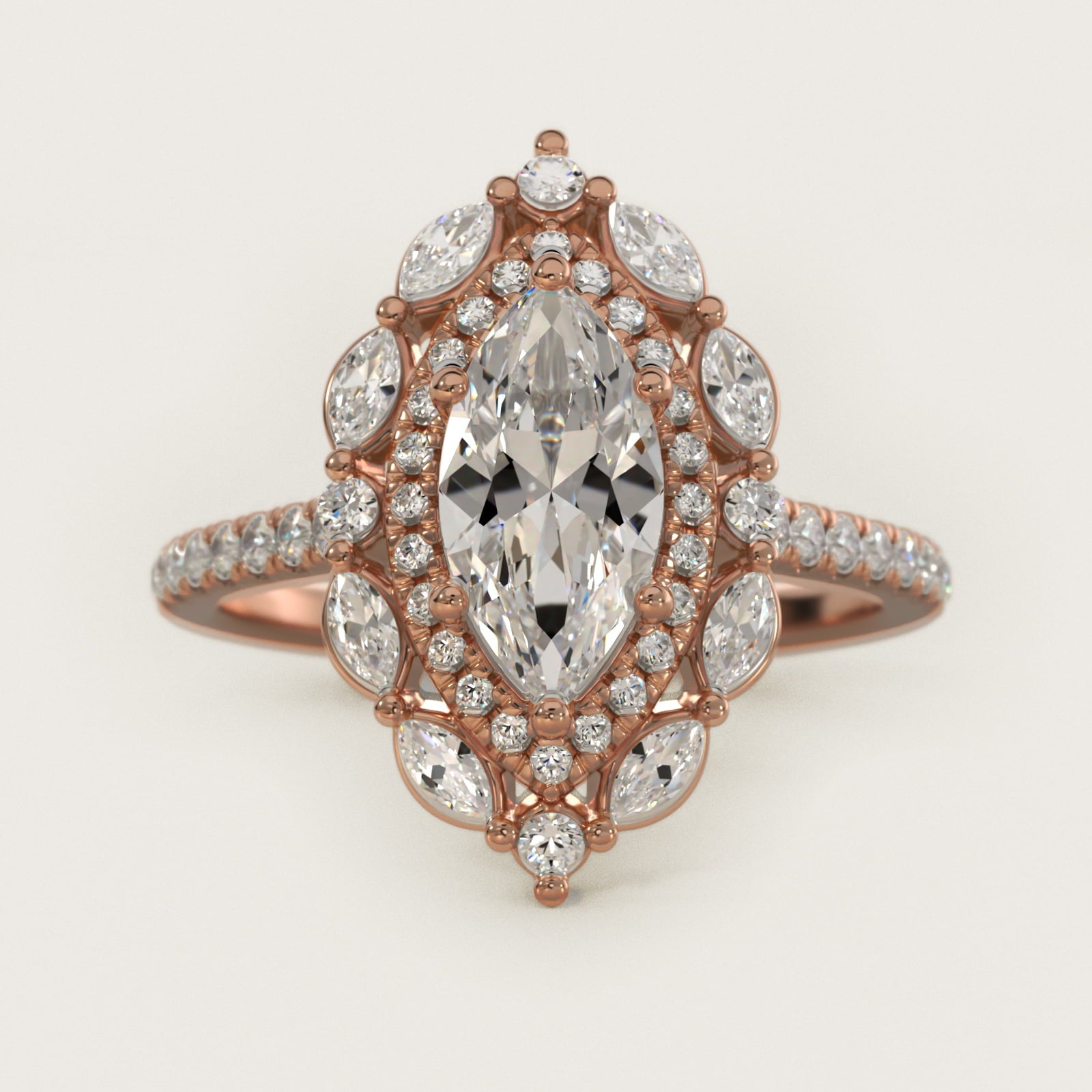 Romantic Diamond Floral Halo Engagement Ring in 18k Rose Gold (1/2 ct. tw.) - Marquise Center
