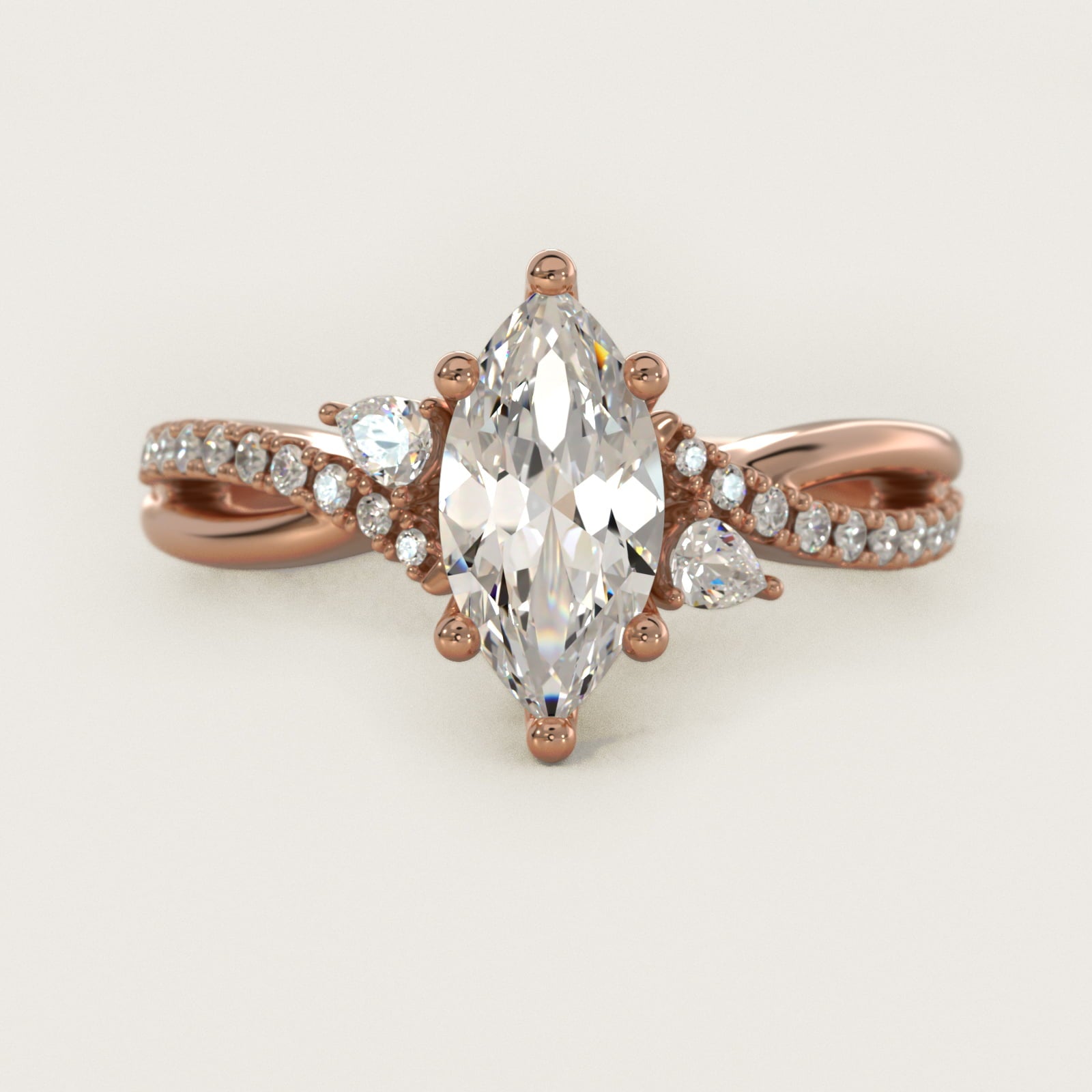 Romantic Diamond Floral Asymmetrical Twist Engagement Ring in 18k Rose Gold (1/4 ct. tw.) - Marquise Center