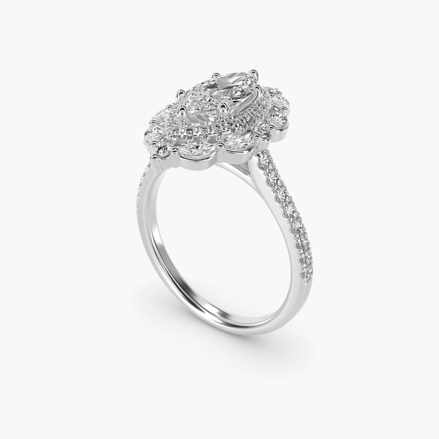 Romantic Diamond Floral Halo Engagement Ring in 14k White Gold (1/2 ct. tw.) - Marquise Center