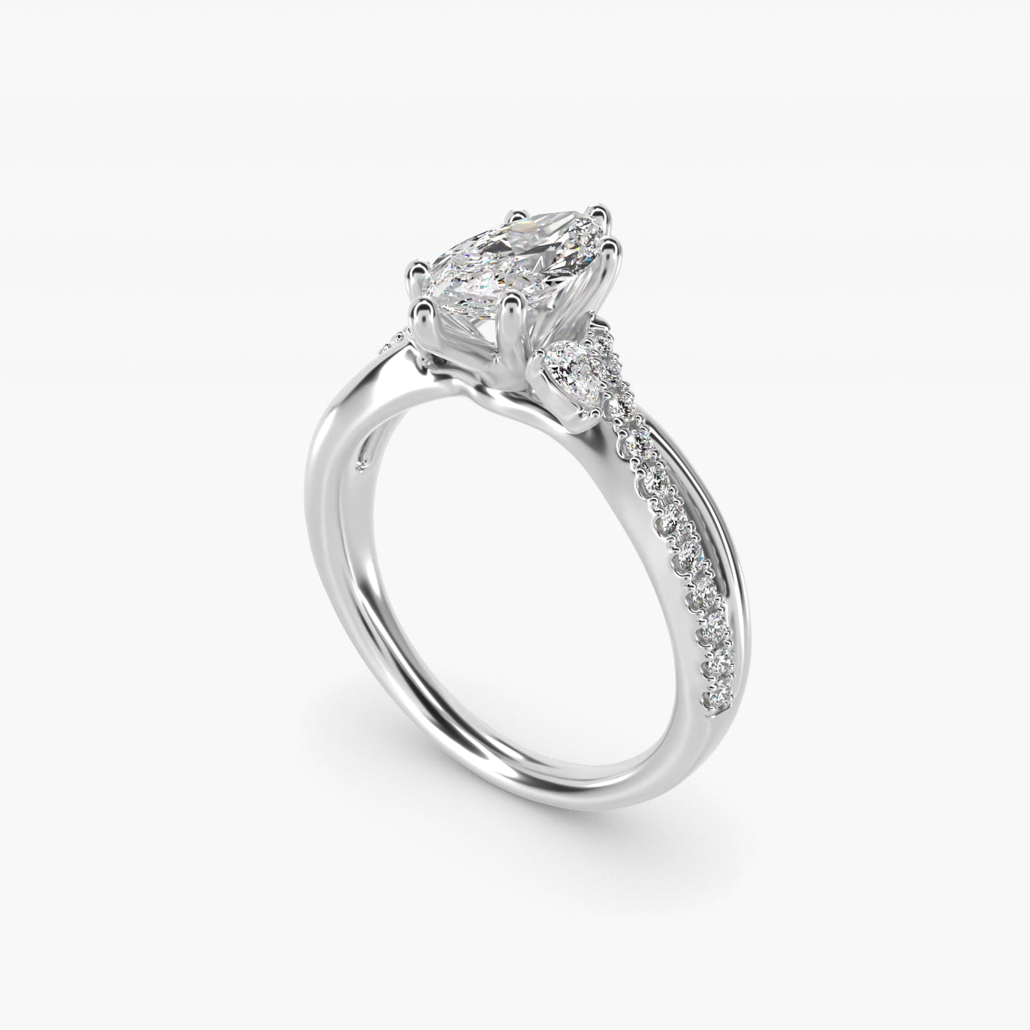 Romantic Diamond Floral Asymmetrical Twist Engagement Ring in 18k White Gold (1/4 ct. tw.) - Marquise Center