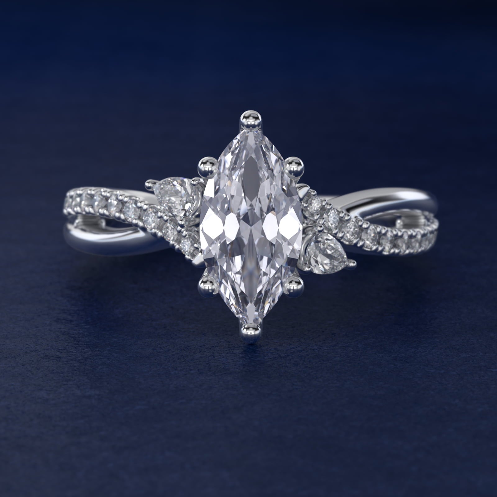 Romantic Diamond Floral Asymmetrical Twist Engagement Ring in 14k White Gold (1/4 ct. tw.) - Marquise Center