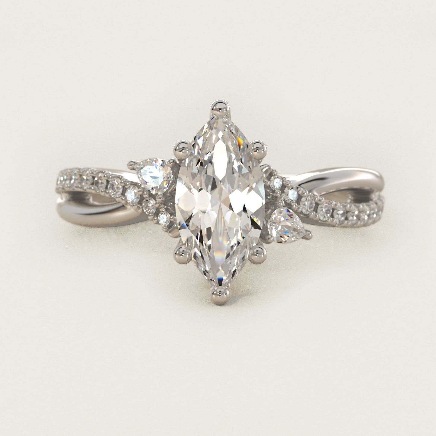Romantic Diamond Floral Asymmetrical Twist Engagement Ring in 18k White Gold (1/4 ct. tw.) - Marquise Center