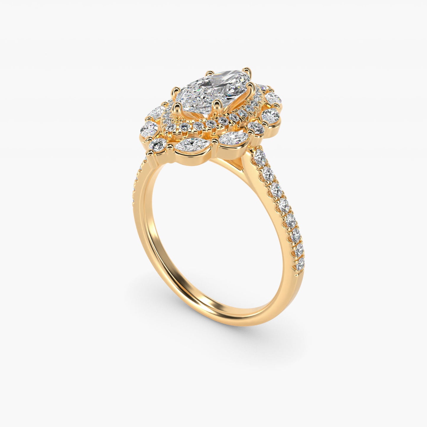 Romantic Diamond Floral Halo Engagement Ring in 18k Yellow Gold (1/2 ct. tw.) - Marquise Center