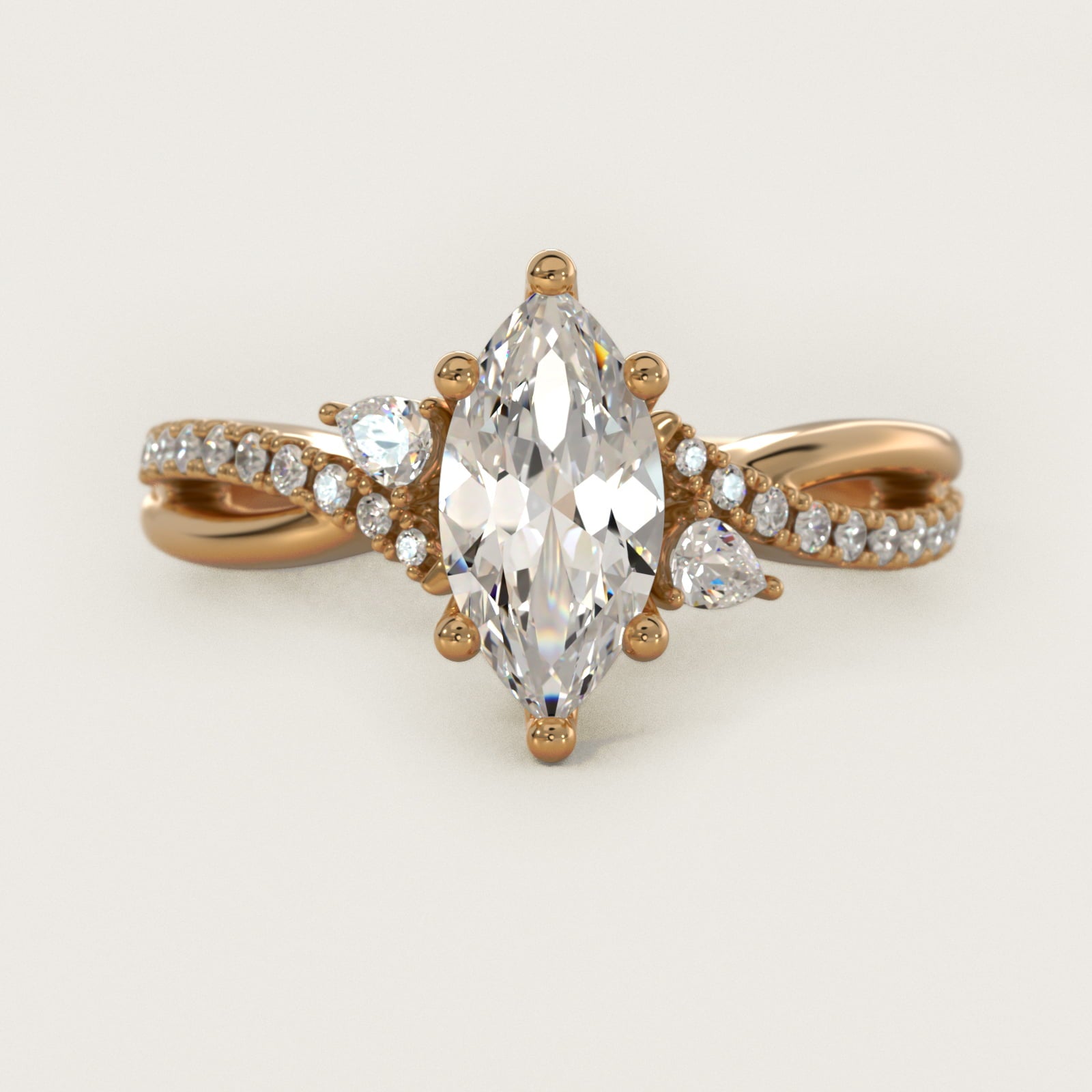Romantic Diamond Floral Asymmetrical Twist Engagement Ring in 14k Yellow Gold (1/4 ct. tw.) - Marquise Center