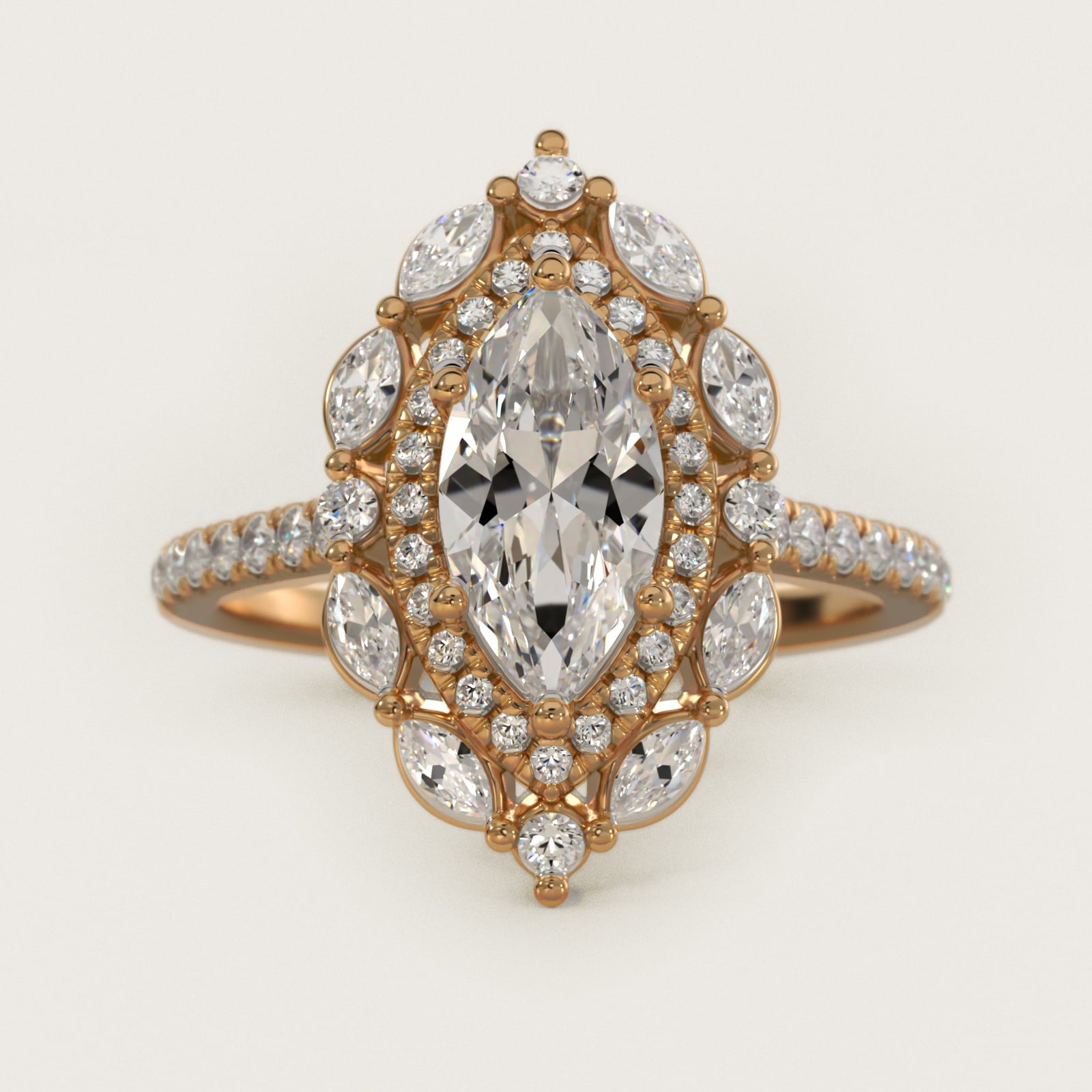 Romantic Diamond Floral Halo Engagement Ring in 18k Yellow Gold (1/2 ct. tw.) - Marquise Center