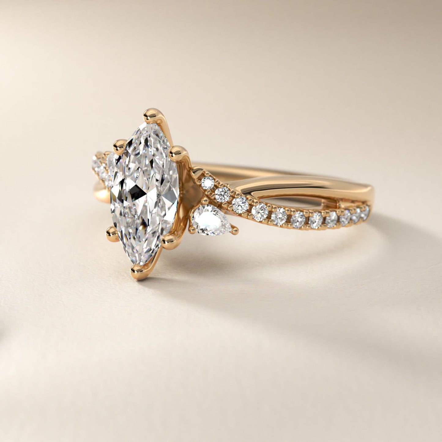 Romantic Diamond Floral Asymmetrical Twist Engagement Ring in 14k Yellow Gold (1/4 ct. tw.) - Marquise Center