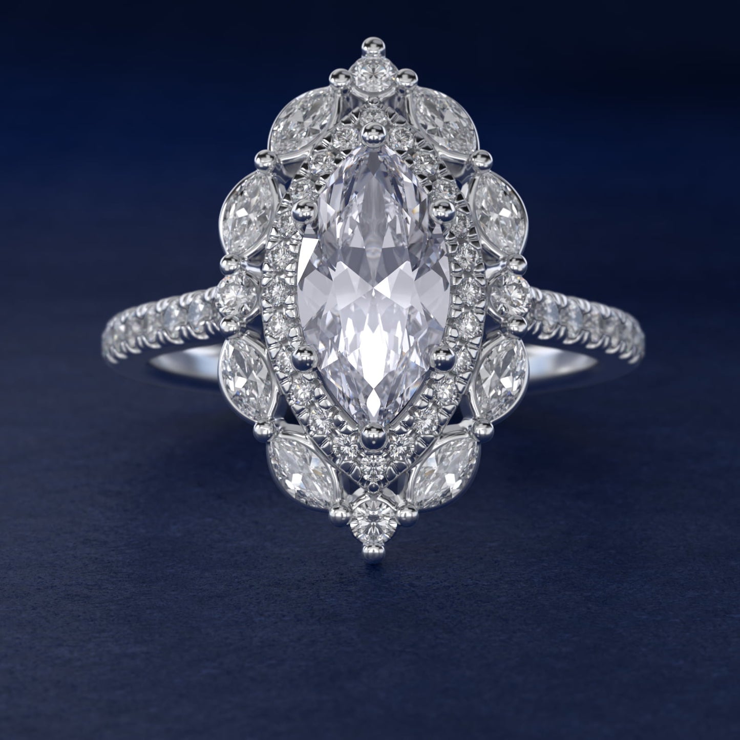 Romantic Diamond Floral Halo Engagement Ring in Platinum (1/2 ct. tw.) - Marquise Center