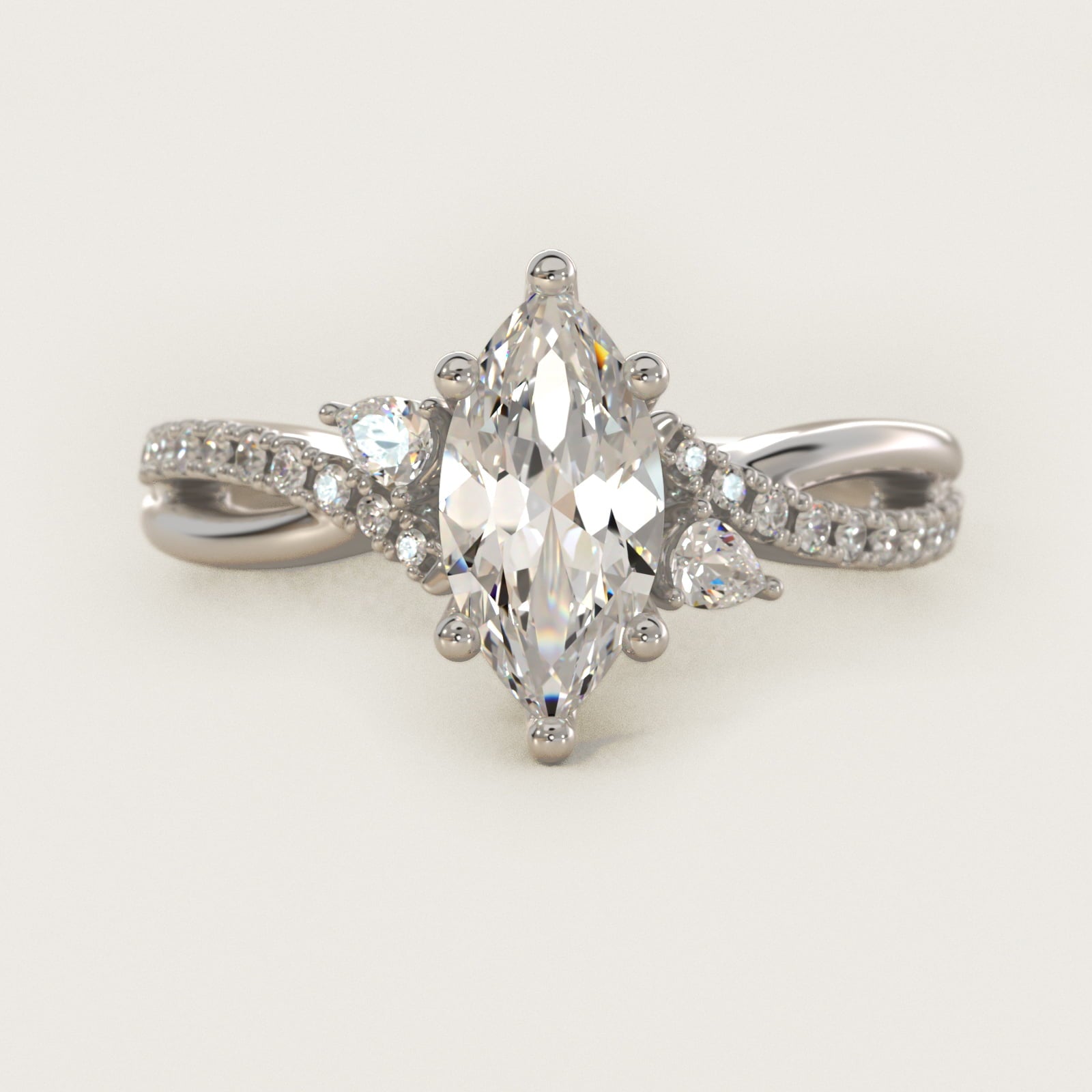 Romantic Diamond Floral Asymmetrical Twist Engagement Ring in Platinum (1/4 ct. tw.) - Marquise Center