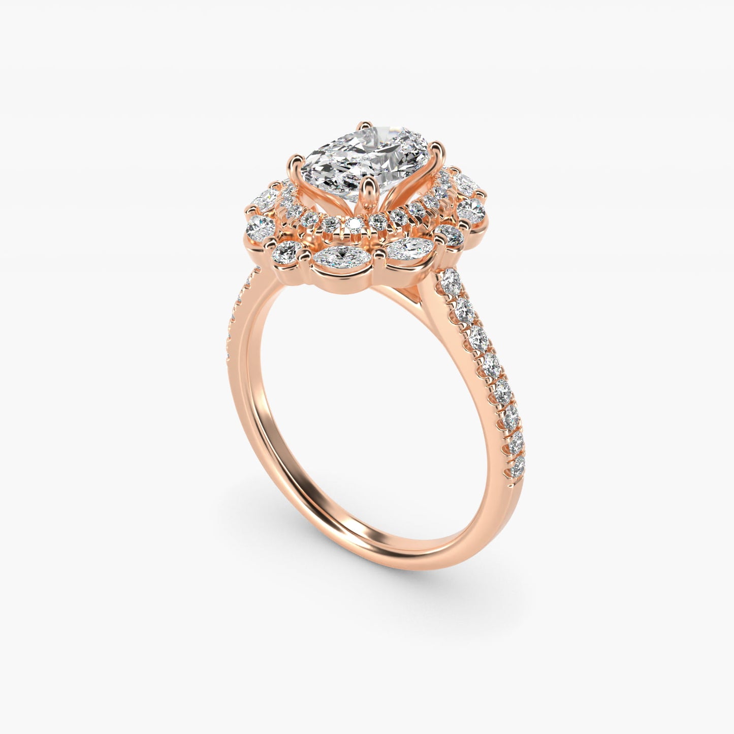 Romantic Diamond Floral Halo Engagement Ring in 18k Rose Gold (1/2 ct. tw.) - Oval Center