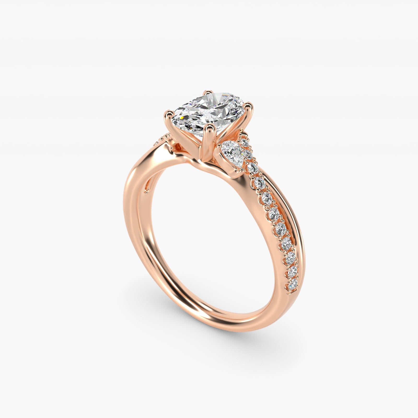 Romantic Diamond Floral Asymmetrical Twist Engagement Ring in 18k Rose Gold (1/4 ct. tw.) - Oval Center
