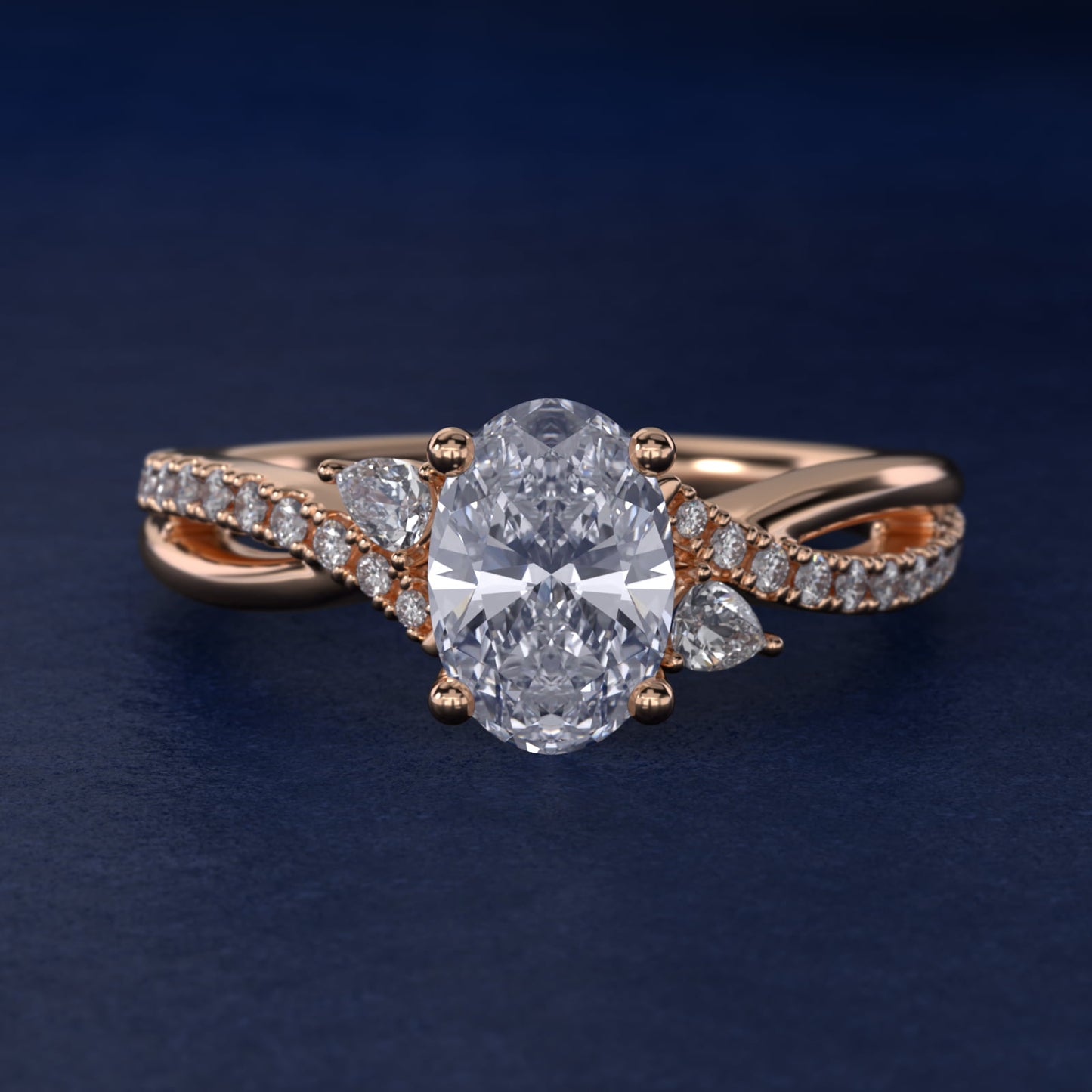 Romantic Diamond Floral Asymmetrical Twist Engagement Ring in 14k Rose Gold (1/4 ct. tw.) - Oval Center