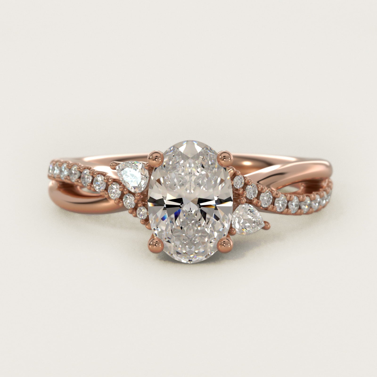 Romantic Diamond Floral Asymmetrical Twist Engagement Ring in 14k Rose Gold (1/4 ct. tw.) - Oval Center