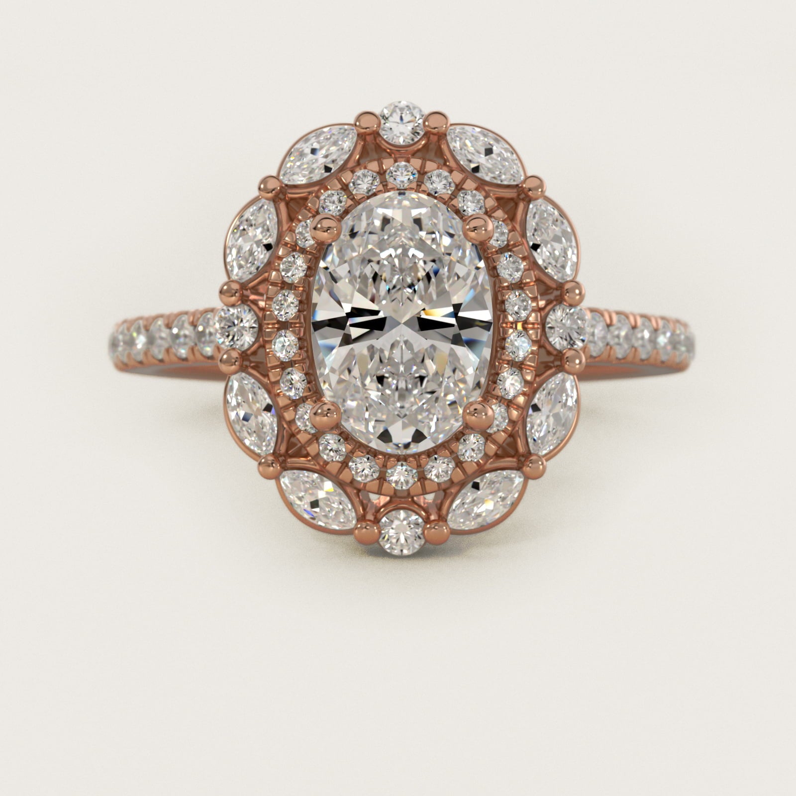 Romantic Diamond Floral Halo Engagement Ring in 18k Rose Gold (1/2 ct. tw.) - Oval Center