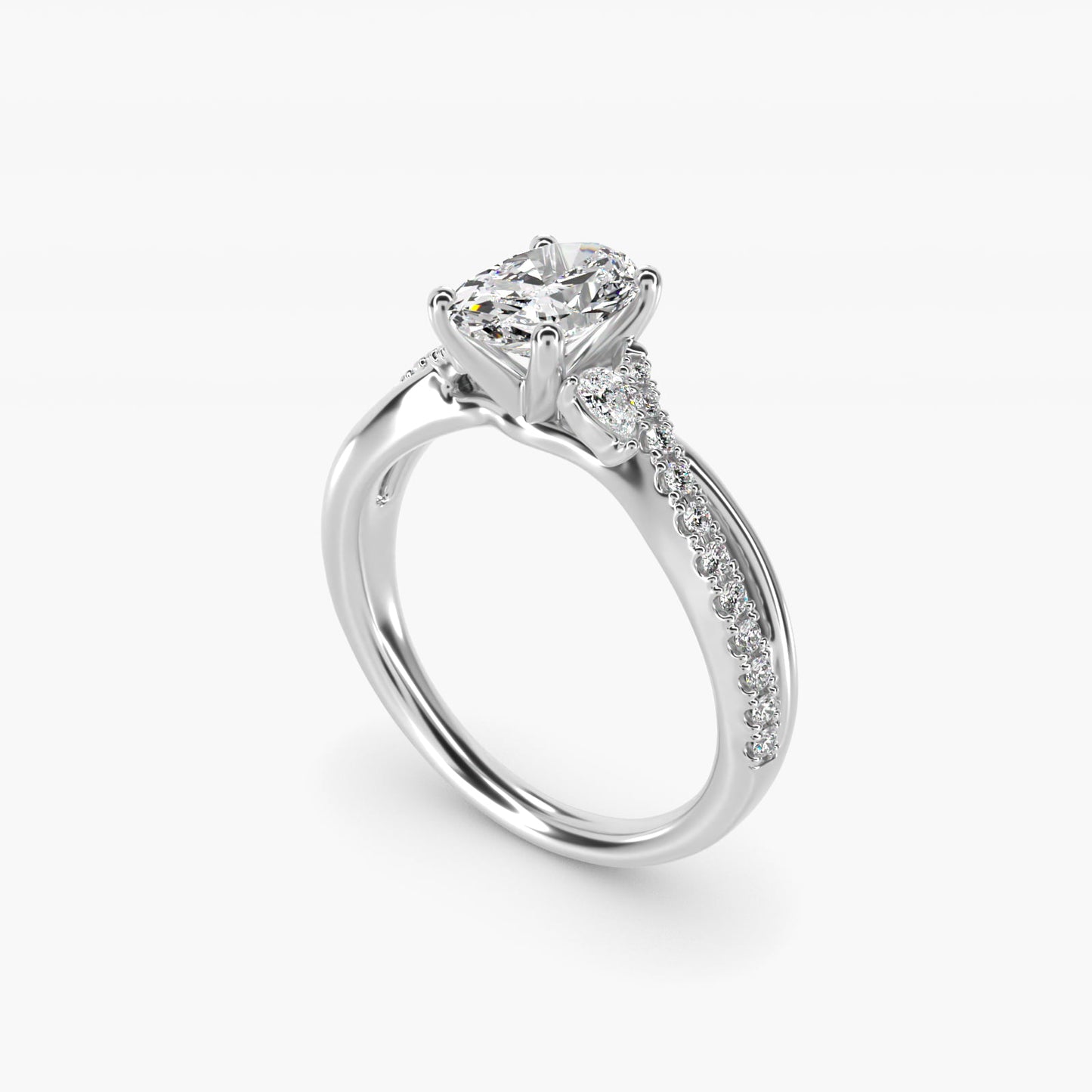 Romantic Diamond Floral Asymmetrical Twist Engagement Ring in 18k White Gold (1/4 ct. tw.) - Oval Center