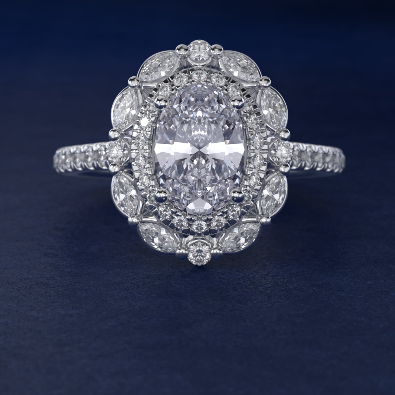 Romantic Diamond Floral Halo Engagement Ring in 18k White Gold (1/2 ct. tw.) - Oval Center